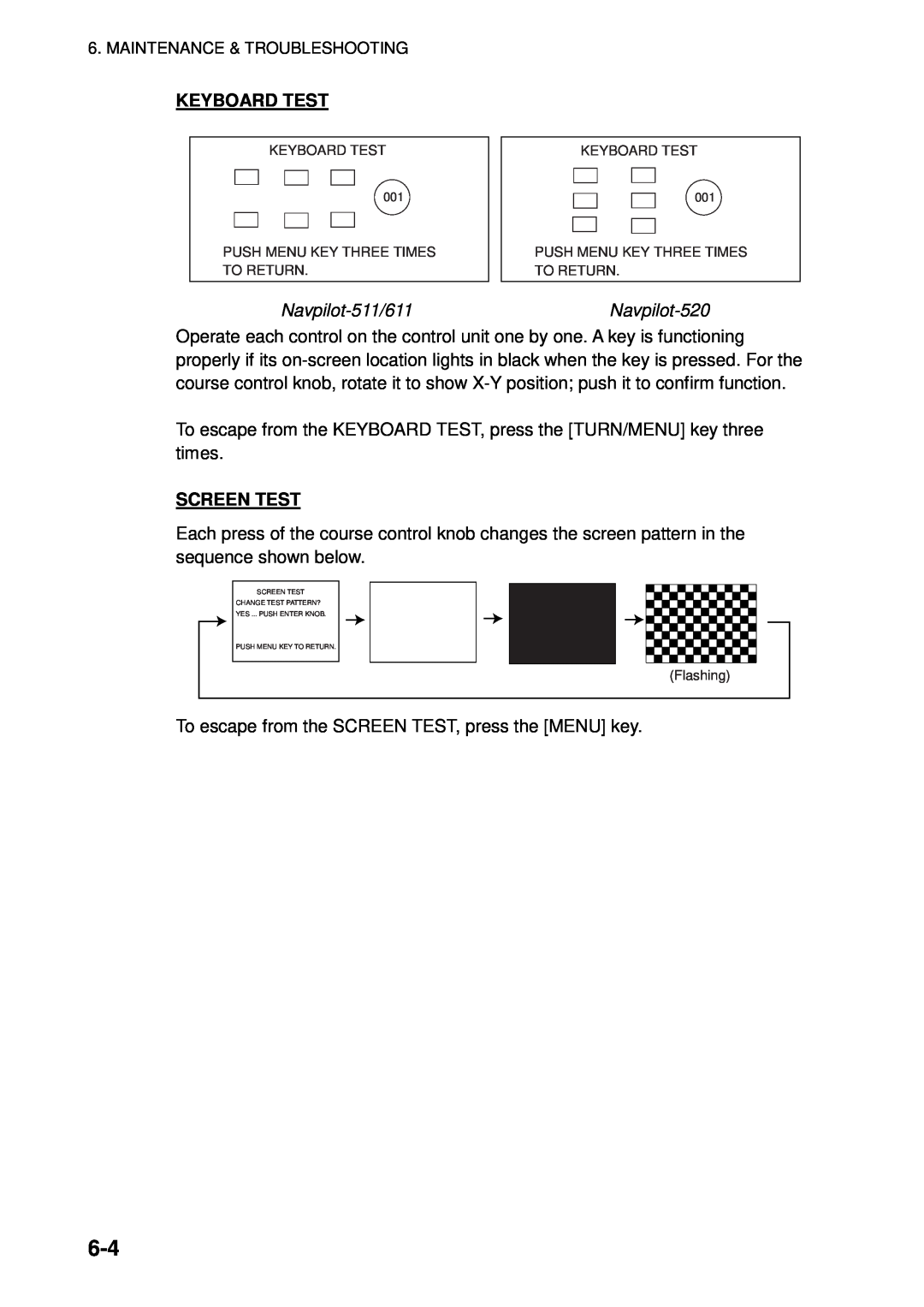 Furuno manual Keyboard Test, Navpilot-511/611, Navpilot-520, Screen Test 