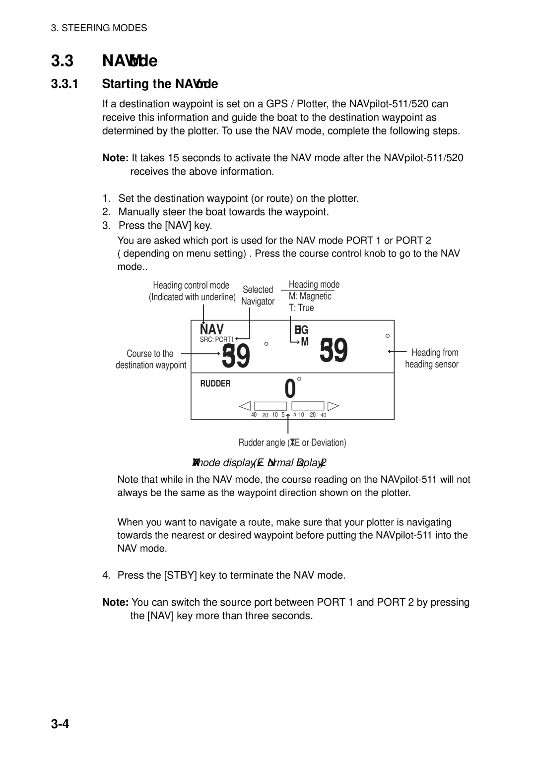 Furuno 511, 520 manual NAV Mode, Starting the NAV mode, NAV mode display Ex. Normal Display 