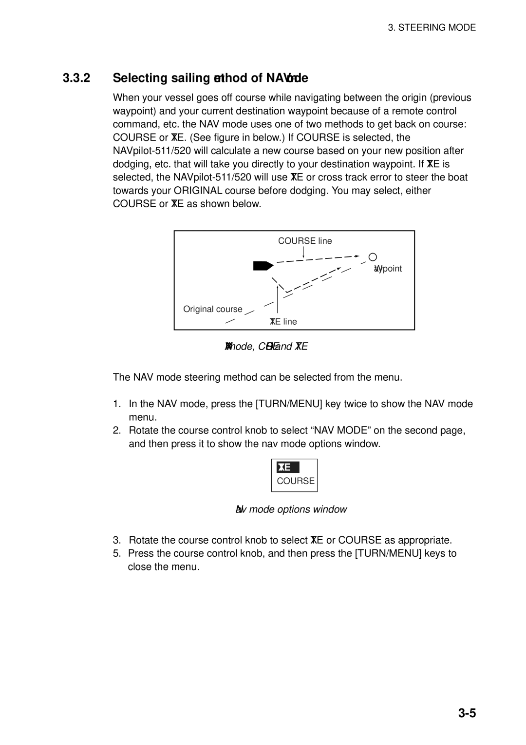 Furuno 520, 511 manual Selecting sailing method of NAV mode, NAV mode, Course and XTE, Nav mode options window 