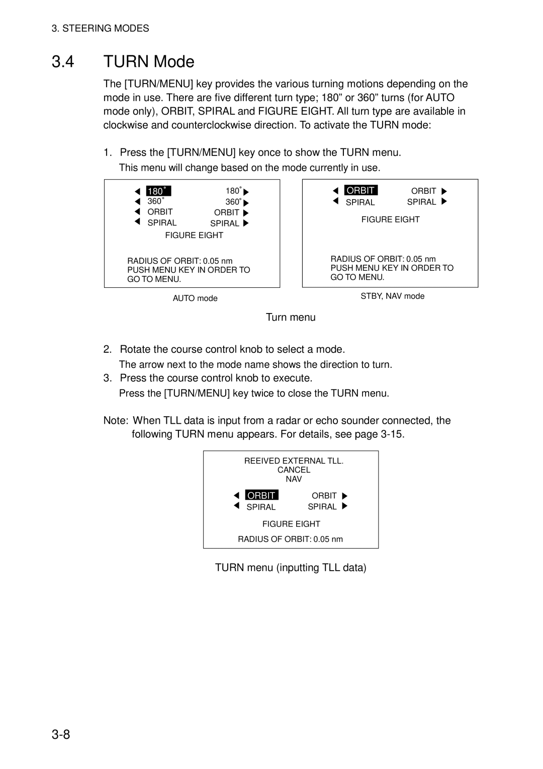 Furuno 511, 520 manual Turn Mode, Turn menu inputting TLL data 