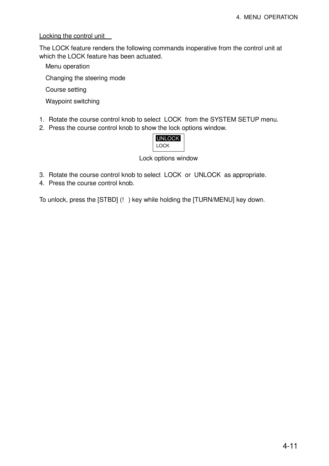 Furuno 520, 511 manual Locking the control unit, Lock options window 