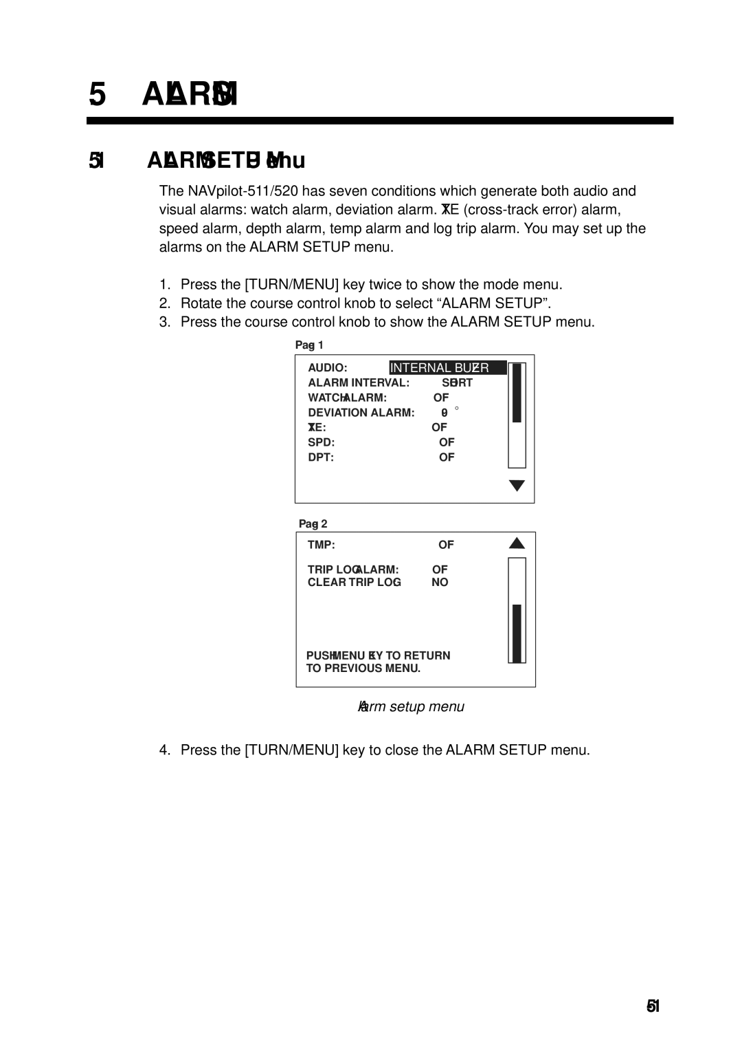 Furuno 520, 511 manual Alarms, Alarm Setup Menu, Alarm setup menu 