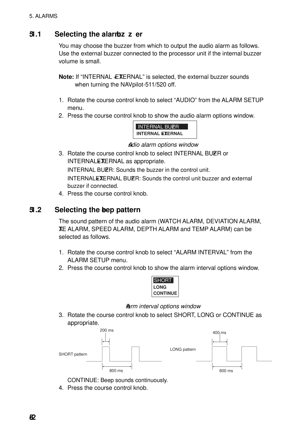 Furuno 511, 520 manual Selecting the alarm buzzer, Selecting the beep pattern, Audio alarm options window 