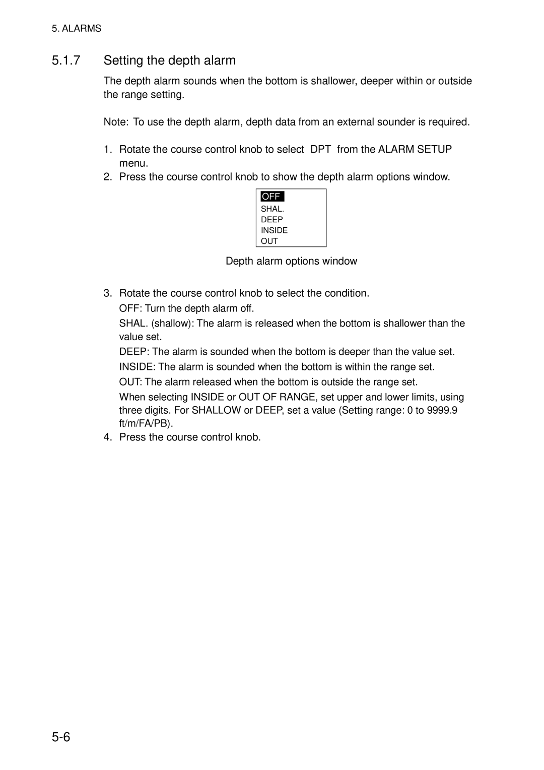 Furuno 511, 520 manual Setting the depth alarm, Depth alarm options window 