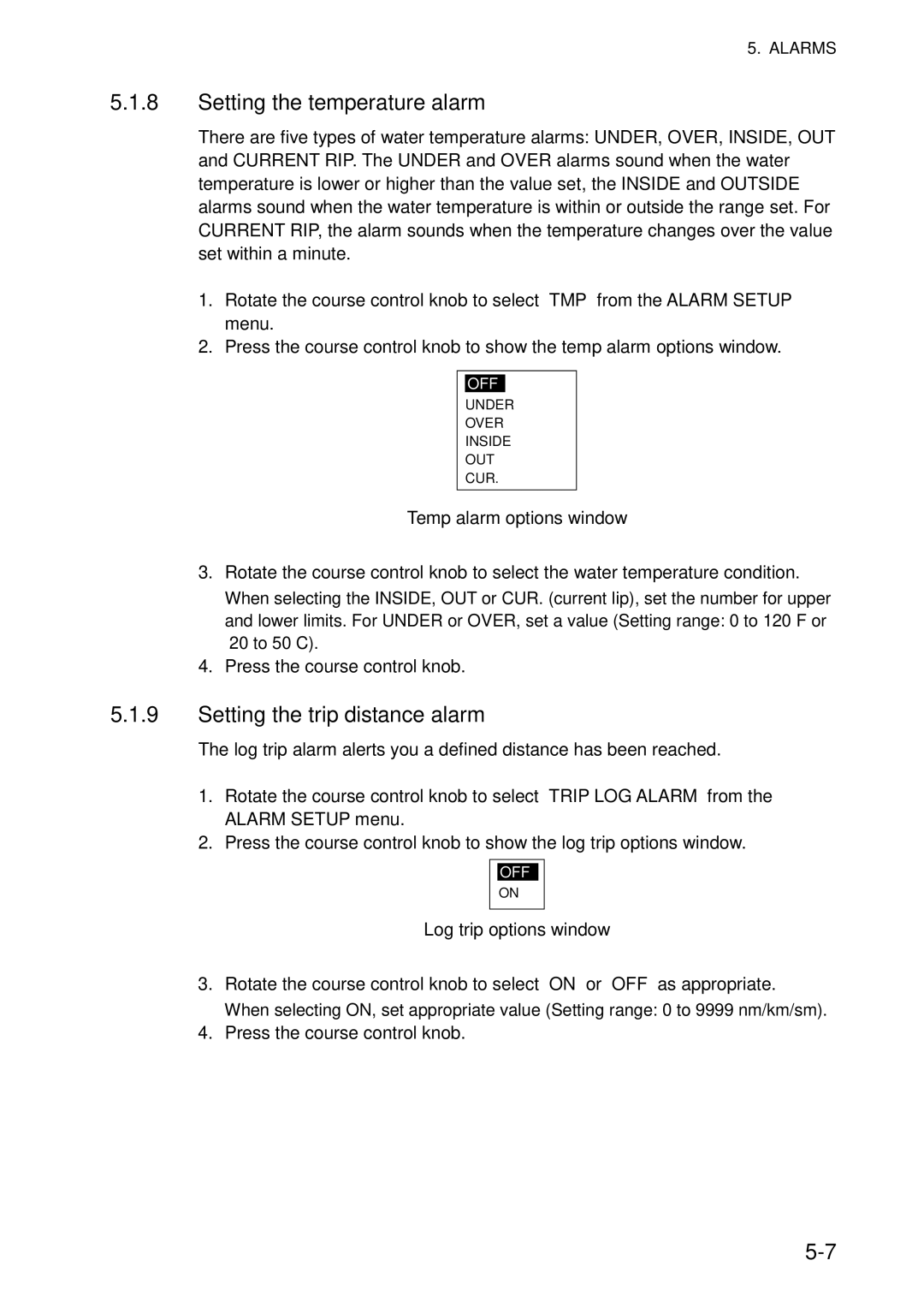 Furuno 520, 511 manual Setting the temperature alarm, Setting the trip distance alarm, Temp alarm options window 