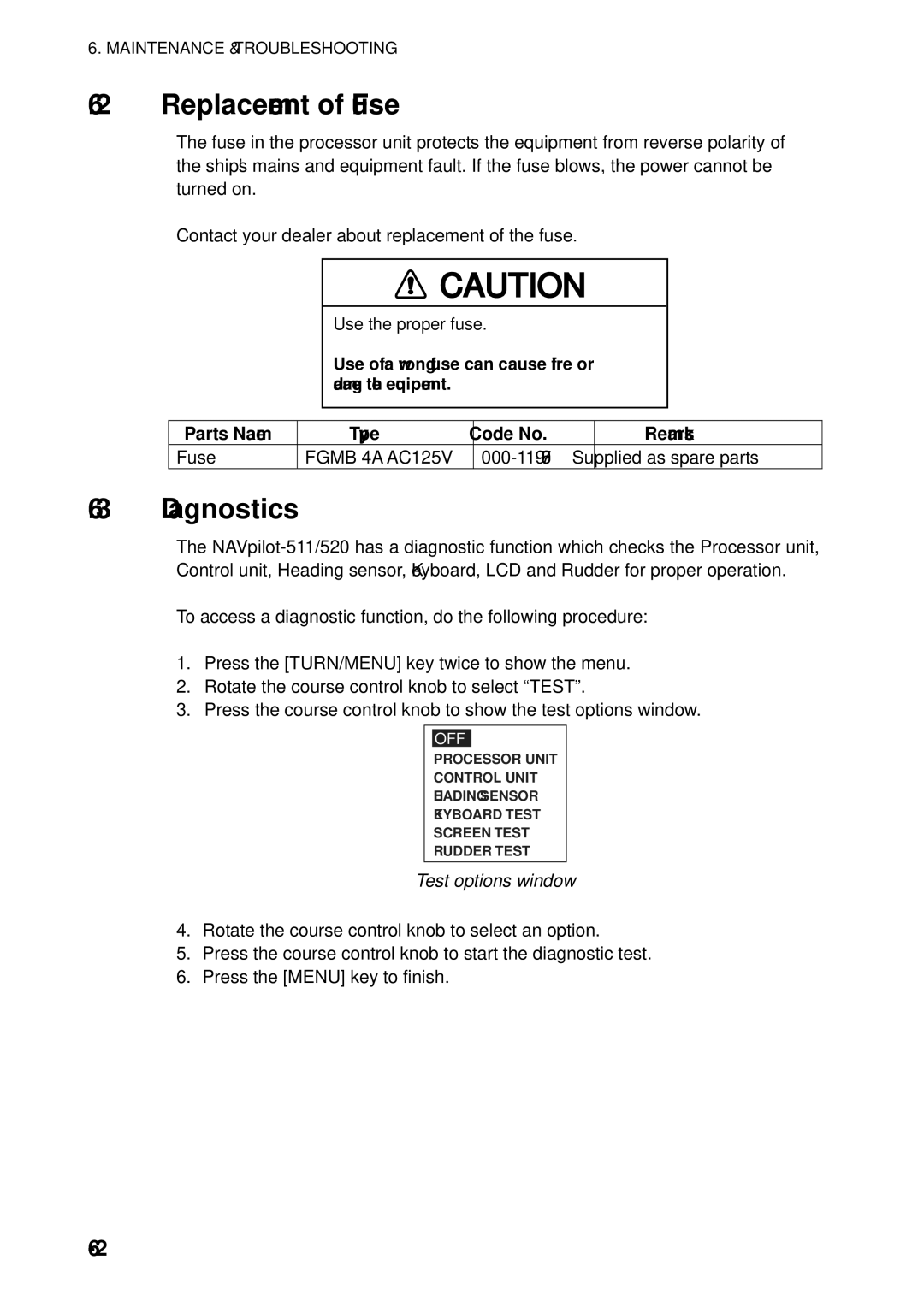 Furuno 511, 520 manual Replacement of Fuse, Diagnostics, Parts Name Type Code No Remarks, Test options window 