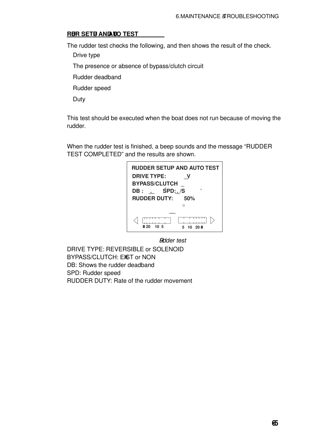 Furuno 520, 511 manual Rudder Setup and Auto Test, Rudder test 
