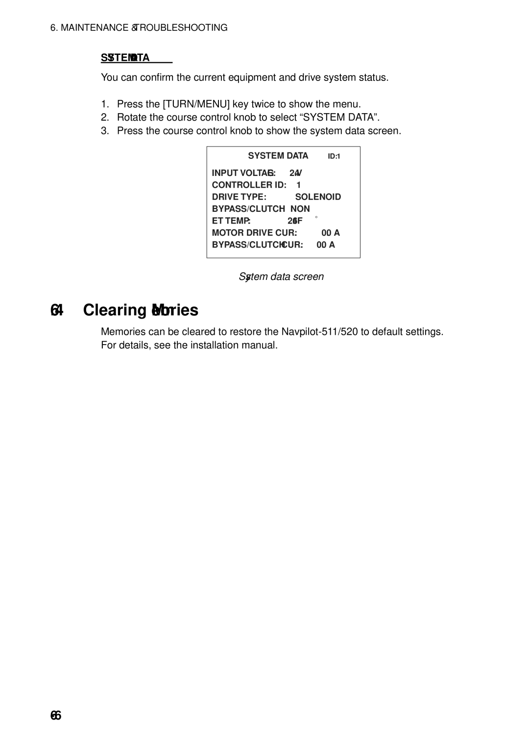 Furuno 511, 520 manual Clearing Memories, System Data, System data screen 