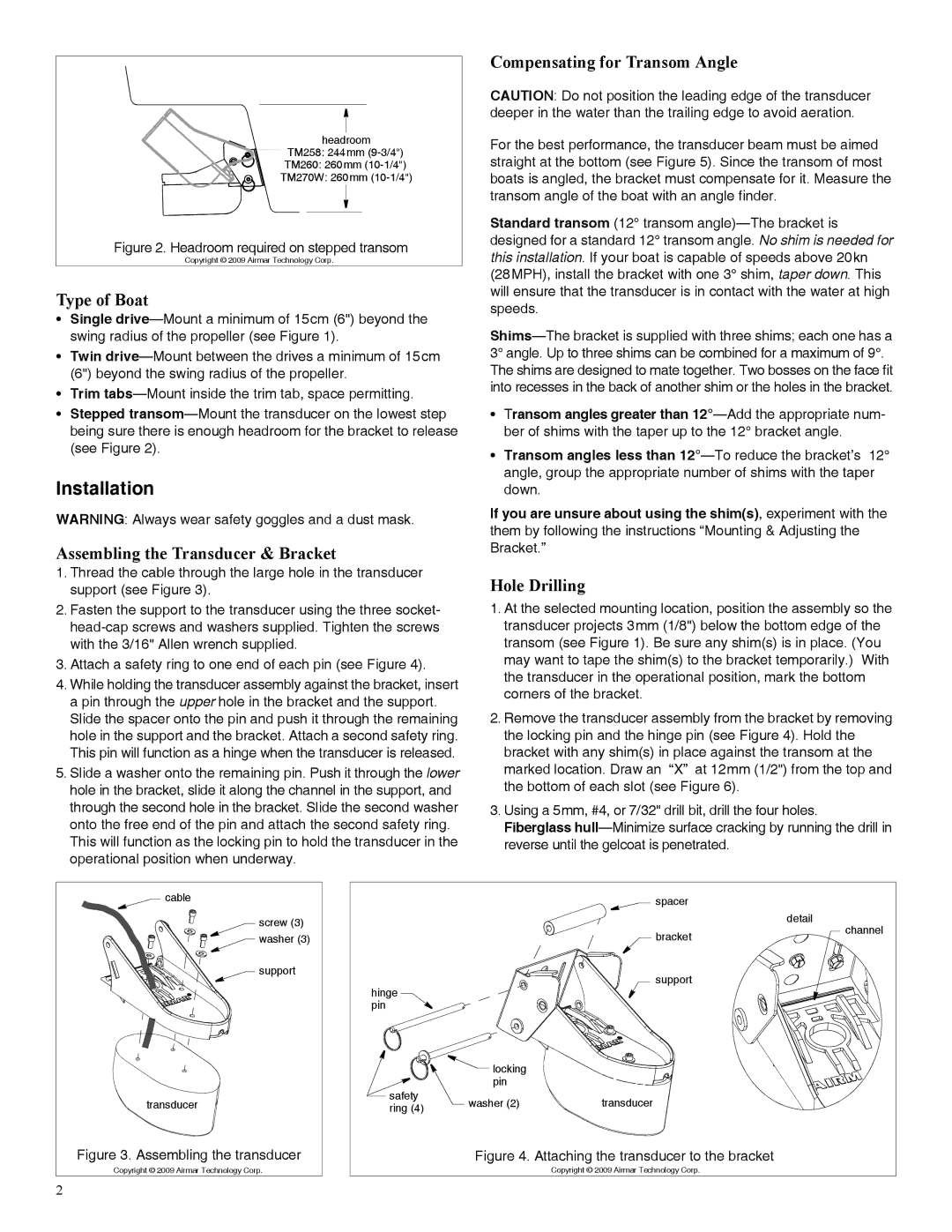 Furuno 525TID-TMD Installation, Type of Boat, Assembling the Transducer & Bracket, Compensating for Transom Angle 