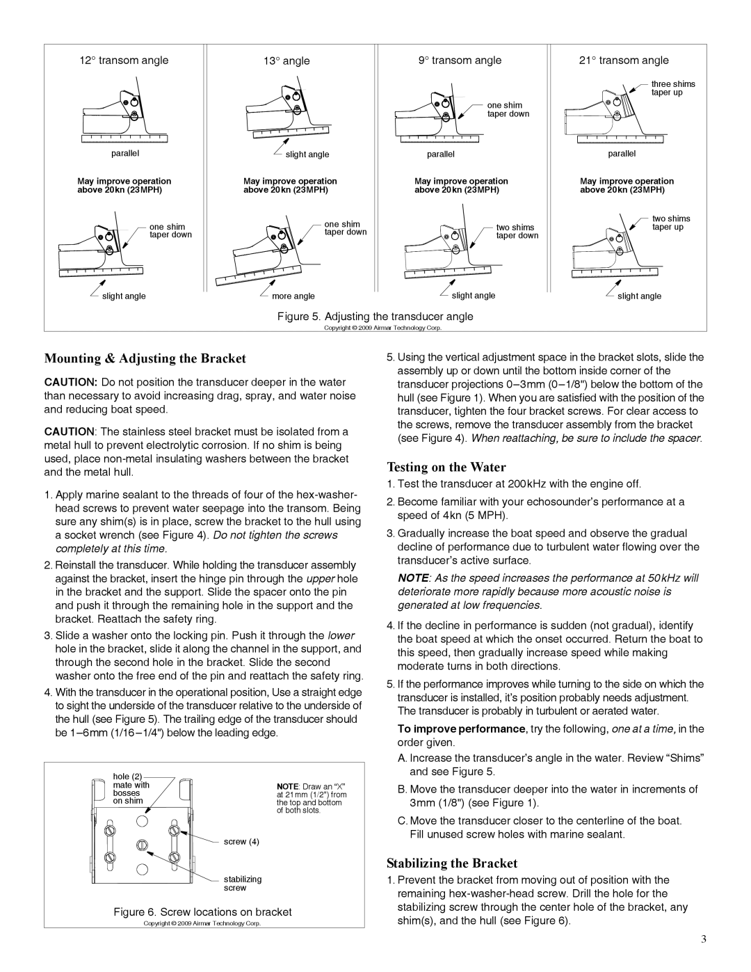 Furuno 525TID-TMD installation instructions Mounting & Adjusting the Bracket, Testing on the Water, Stabilizing the Bracket 