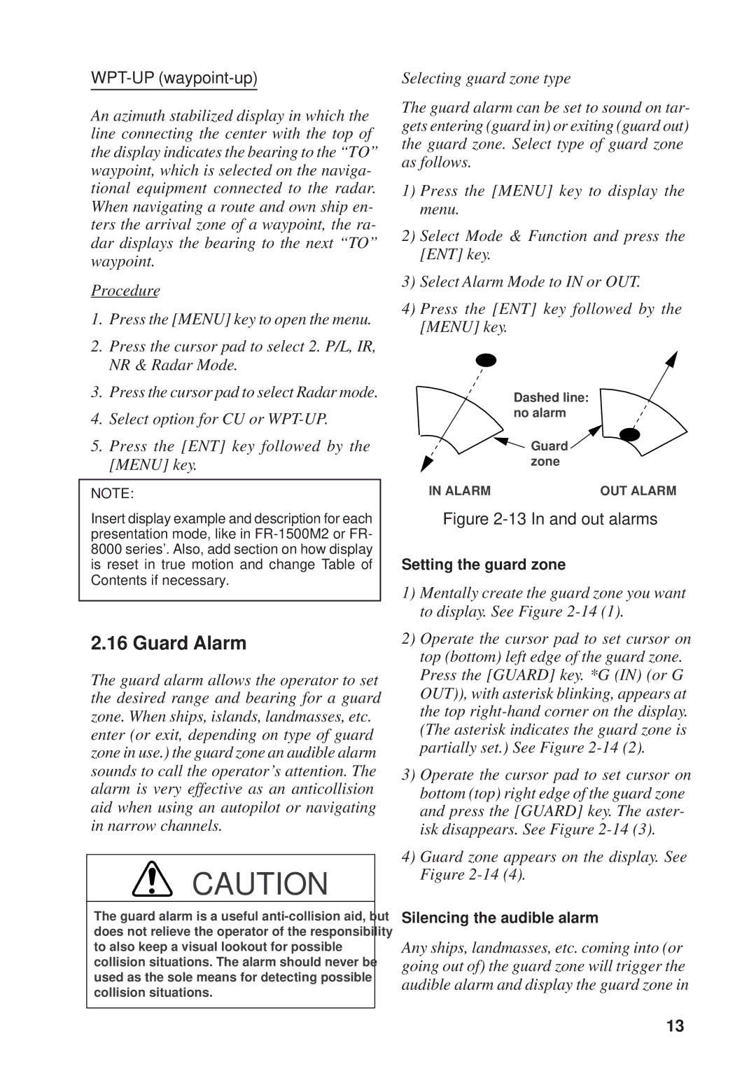 Furuno 841, 821 manual Guard Alarm, WPT-UP waypoint-up 