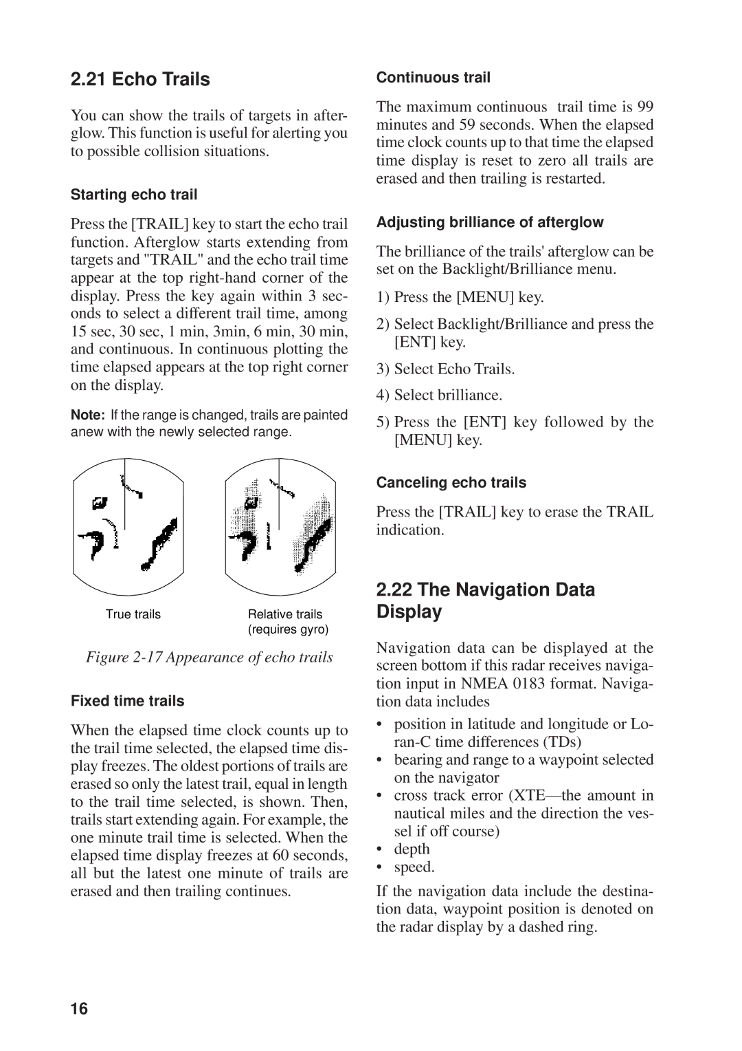 Furuno 821, 841 manual Echo Trails, Navigation Data Display 