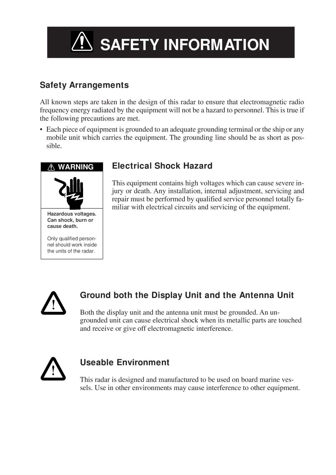 Furuno 821, 841 manual Safety Arrangements, Electrical Shock Hazard, Ground both the Display Unit and the Antenna Unit 