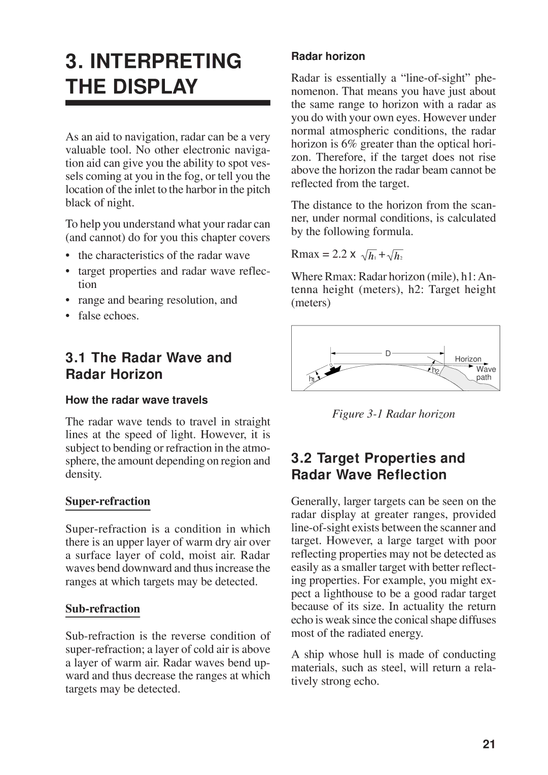 Furuno 841, 821 manual Interpreting the Display, Radar Wave and Radar Horizon, Target Properties and Radar Wave Reflection 