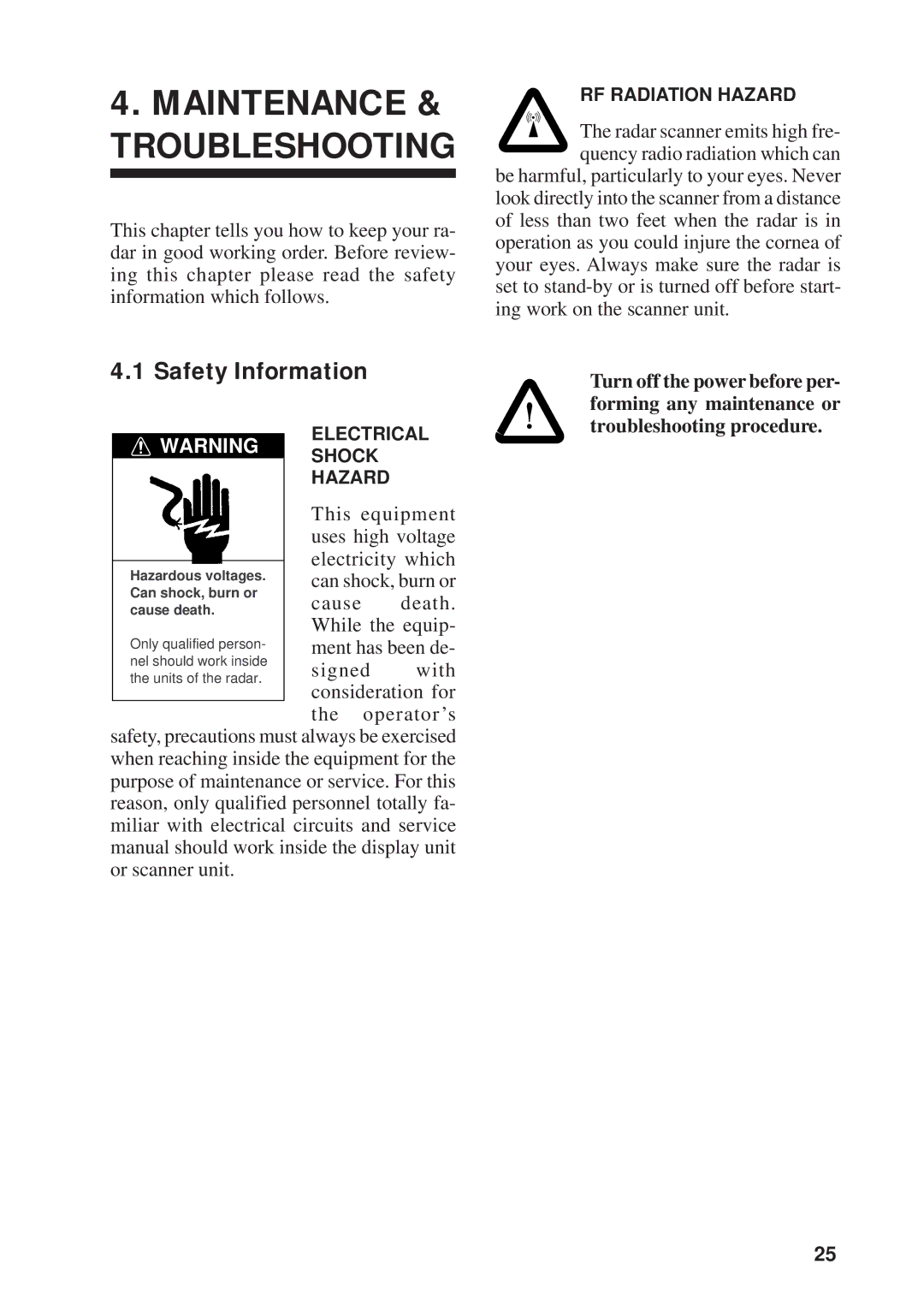 Furuno 841, 821 Maintenance & Troubleshooting, Safety Information, Forming any maintenance or, Troubleshooting procedure 