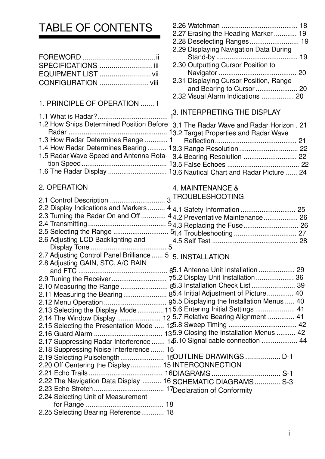 Furuno 841, 821 manual Table of Contents 