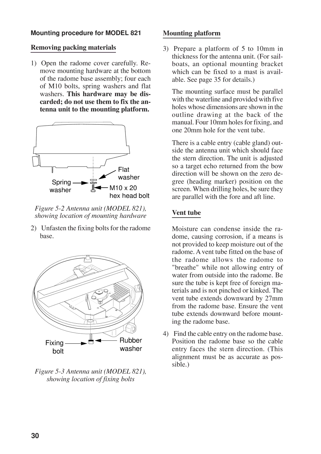 Furuno 821, 841 manual Removing packing materials, Mounting platform, Vent tube 