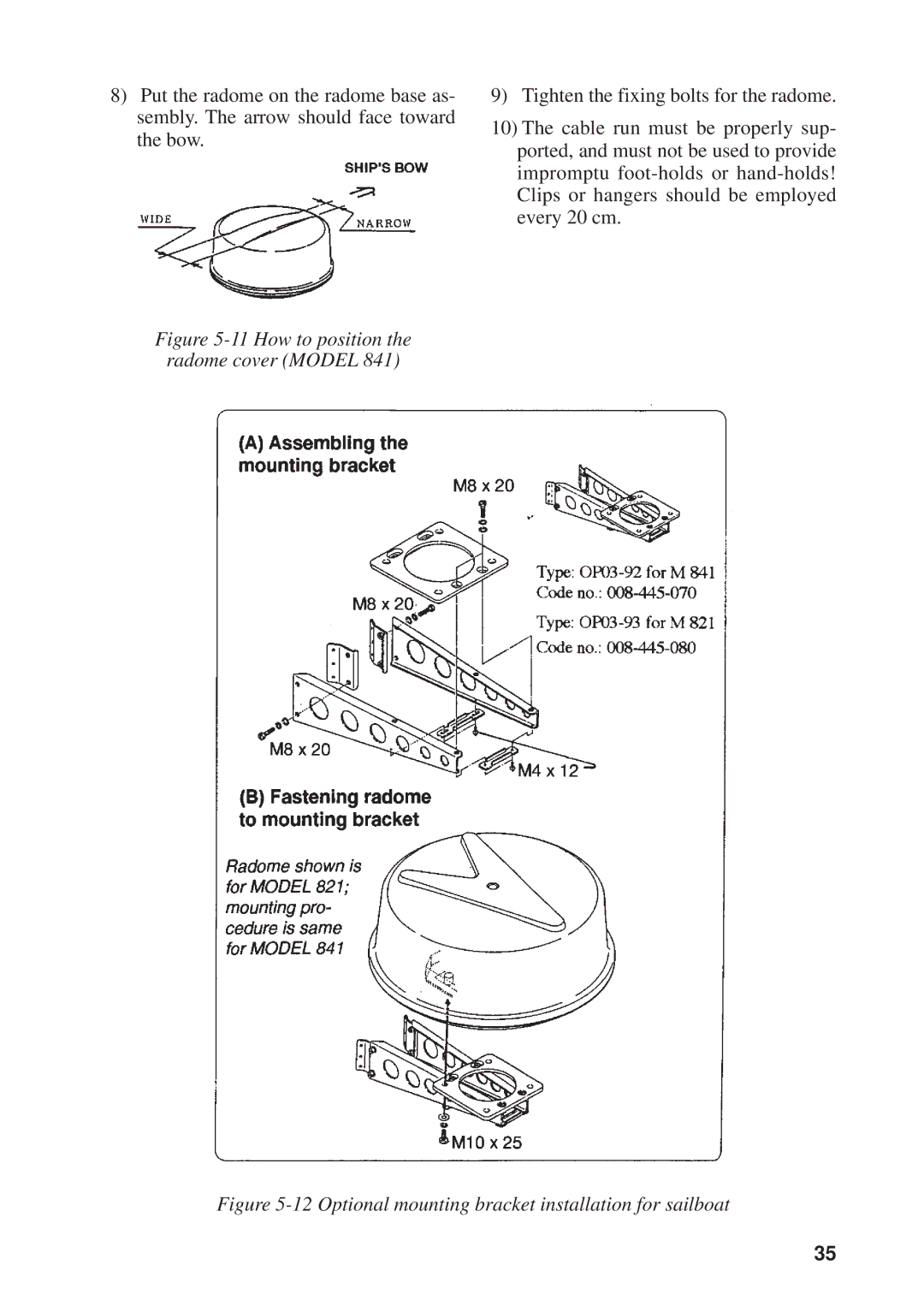 Furuno 841, 821 manual Optional mounting bracket installation for sailboat 