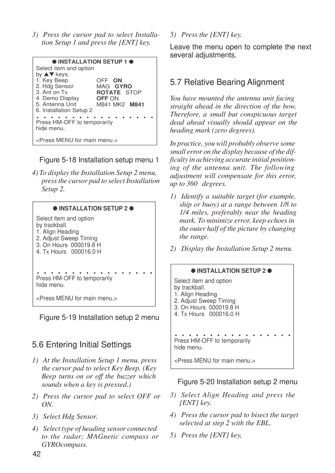 Furuno 821, 841 manual Entering Initial Settings, Relative Bearing Alignment 