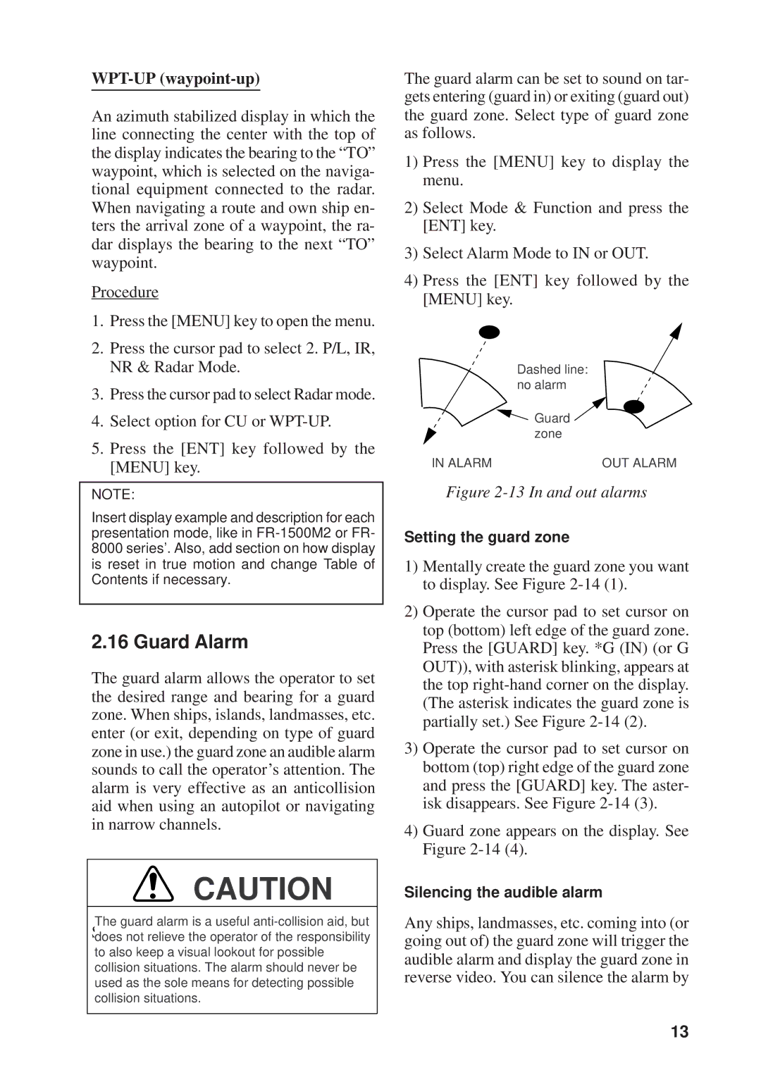 Furuno 841 MARK-2 manual Guard Alarm, WPT-UP waypoint-up, Selecting guard zone type, Setting the guard zone 