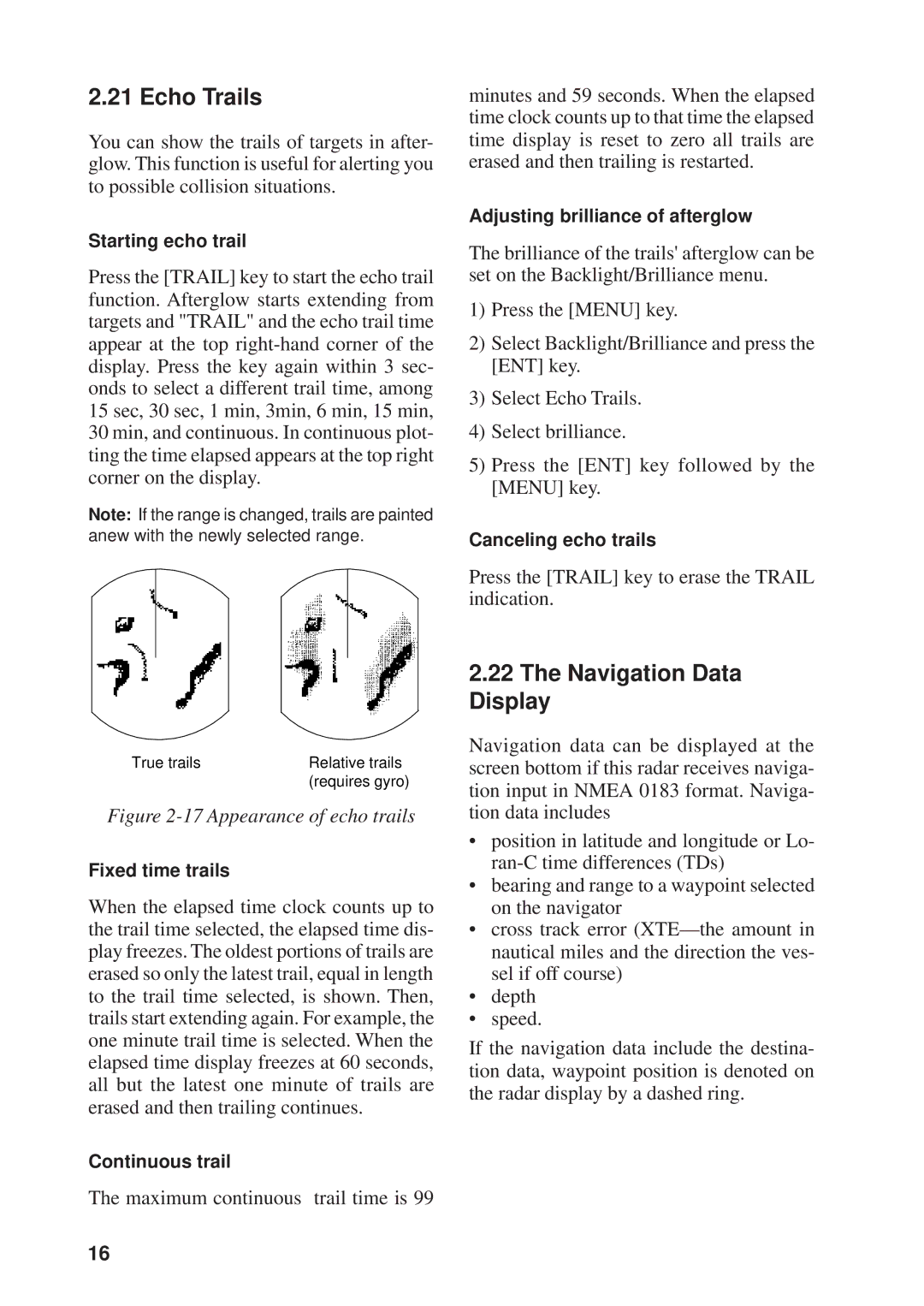 Furuno 841 MARK-2 manual Echo Trails, Navigation Data Display 