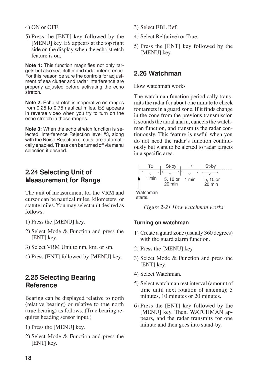 Furuno 841 MARK-2 Selecting Unit of Measurement for Range, Selecting Bearing Reference, Watchman, Turning on watchman 