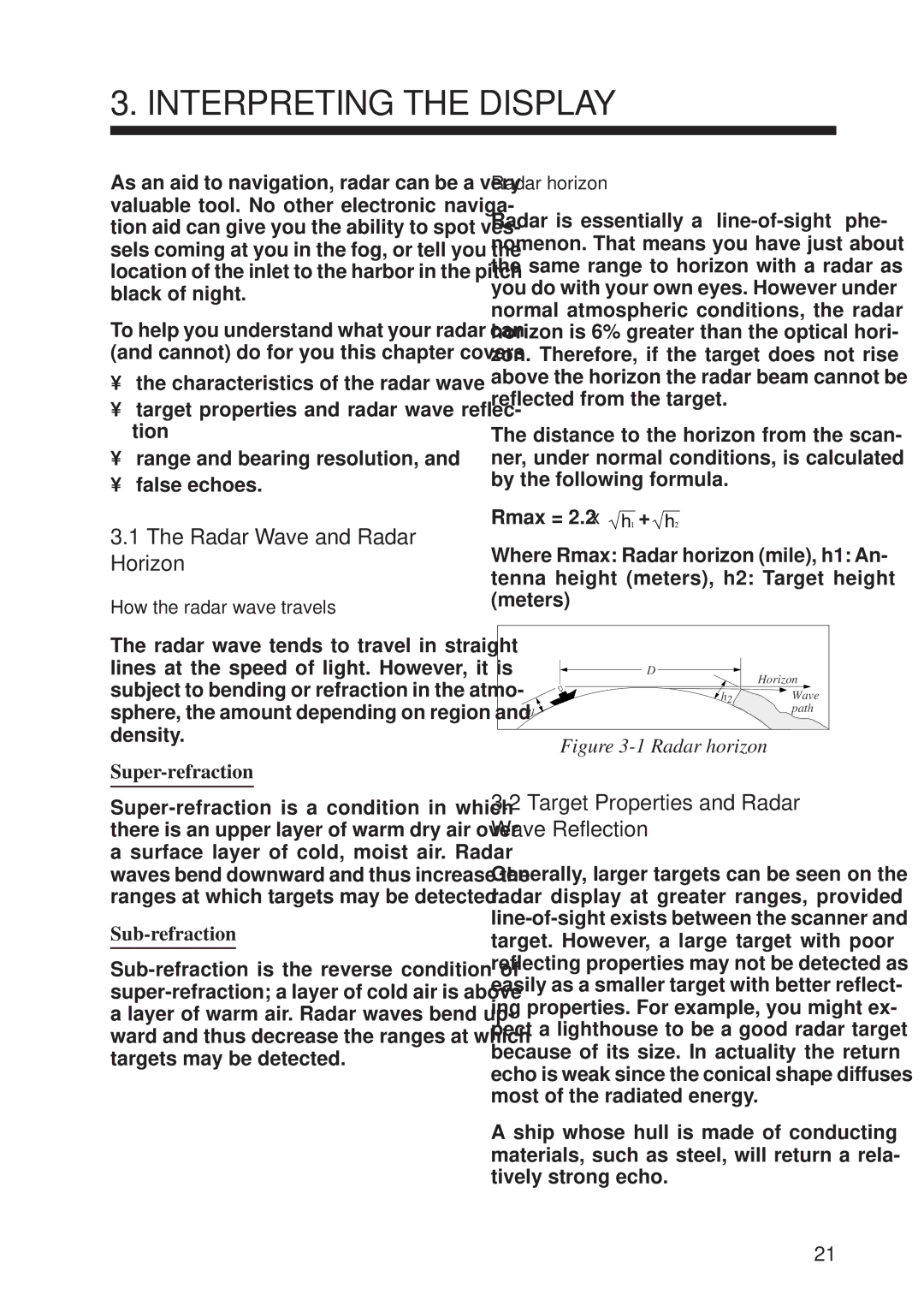 Furuno 841 MARK-2 Interpreting the Display, Radar Wave and Radar Horizon, Target Properties and Radar Wave Reflection 