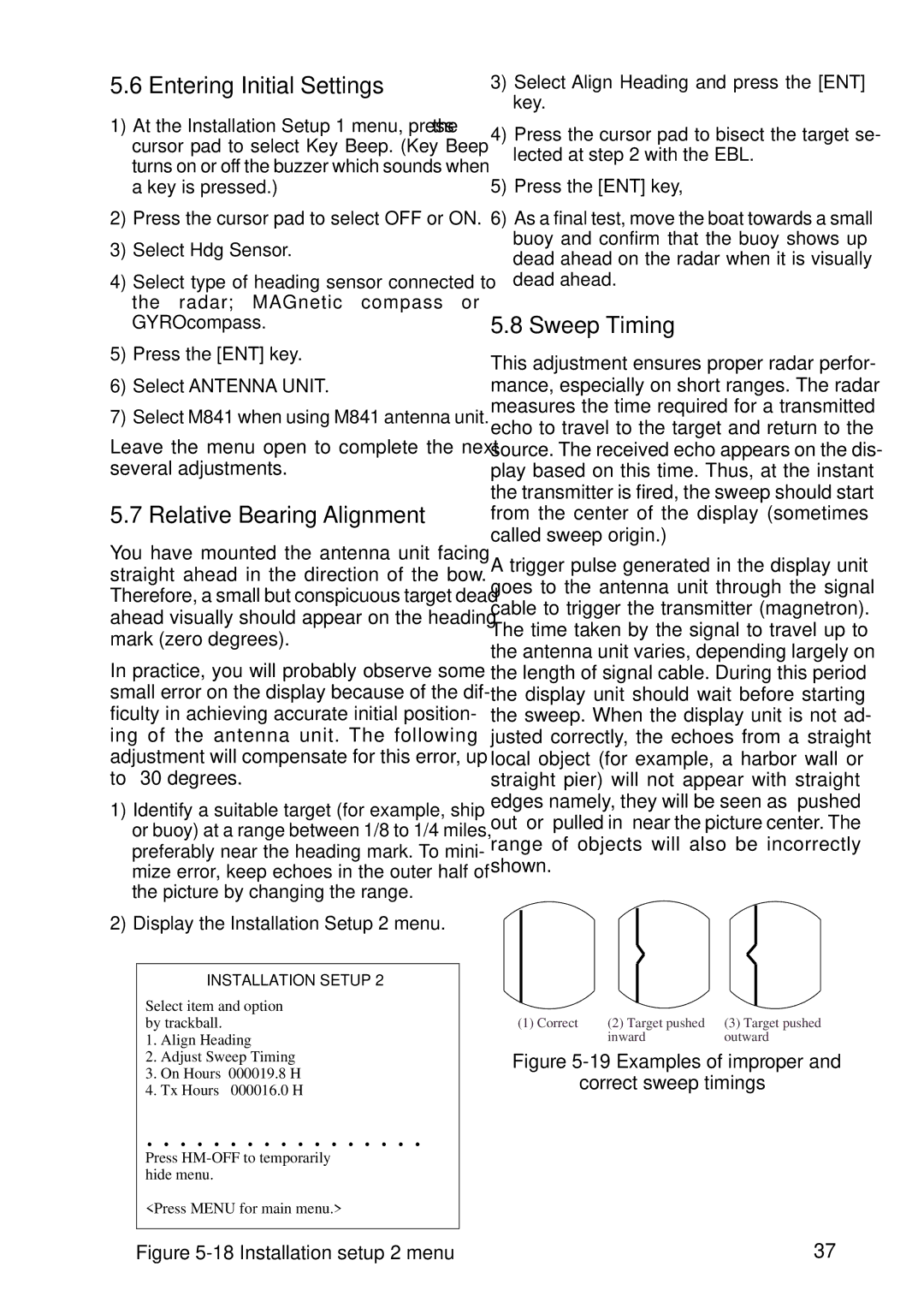 Furuno 841 MARK-2 manual Entering Initial Settings, Relative Bearing Alignment, Sweep Timing 