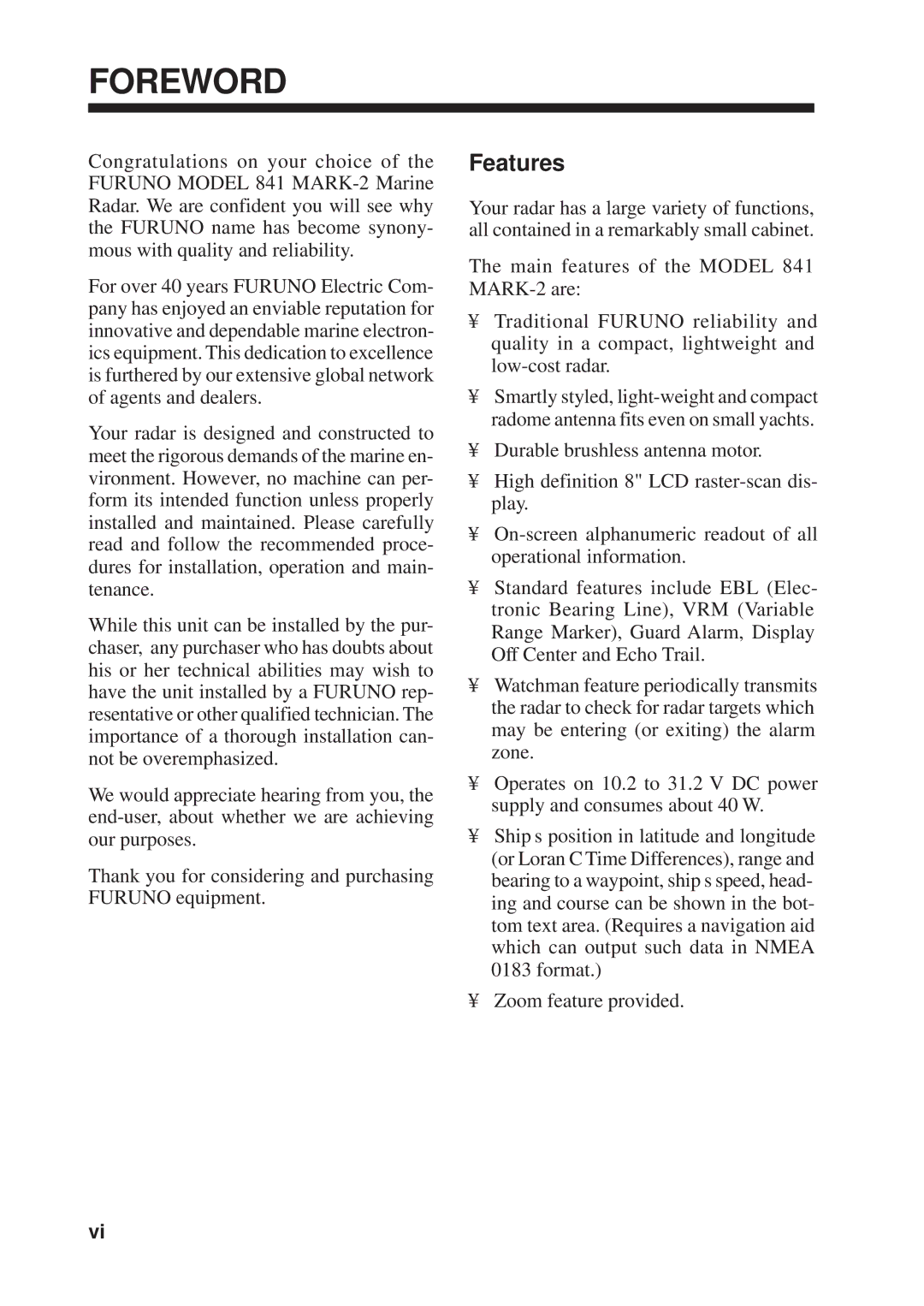 Furuno 841 MARK-2 manual Foreword, Features 