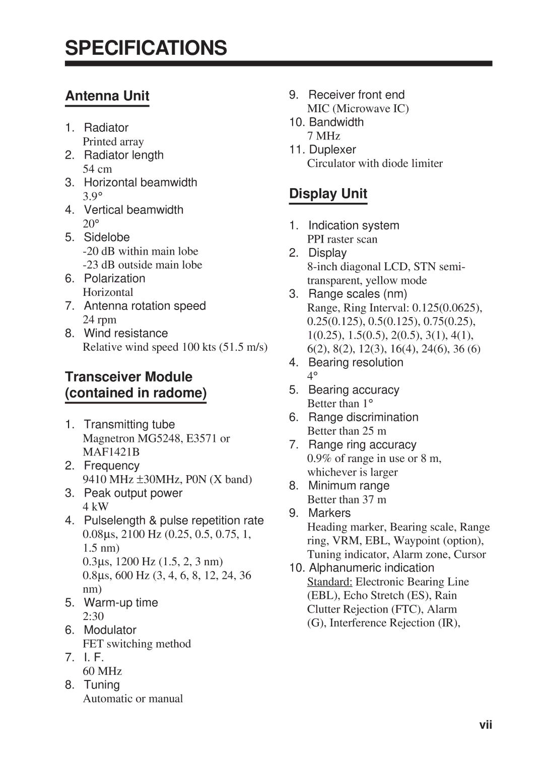 Furuno 841 MARK-2 manual Specifications, Antenna Unit, Transceiver Module contained in radome, Display Unit 
