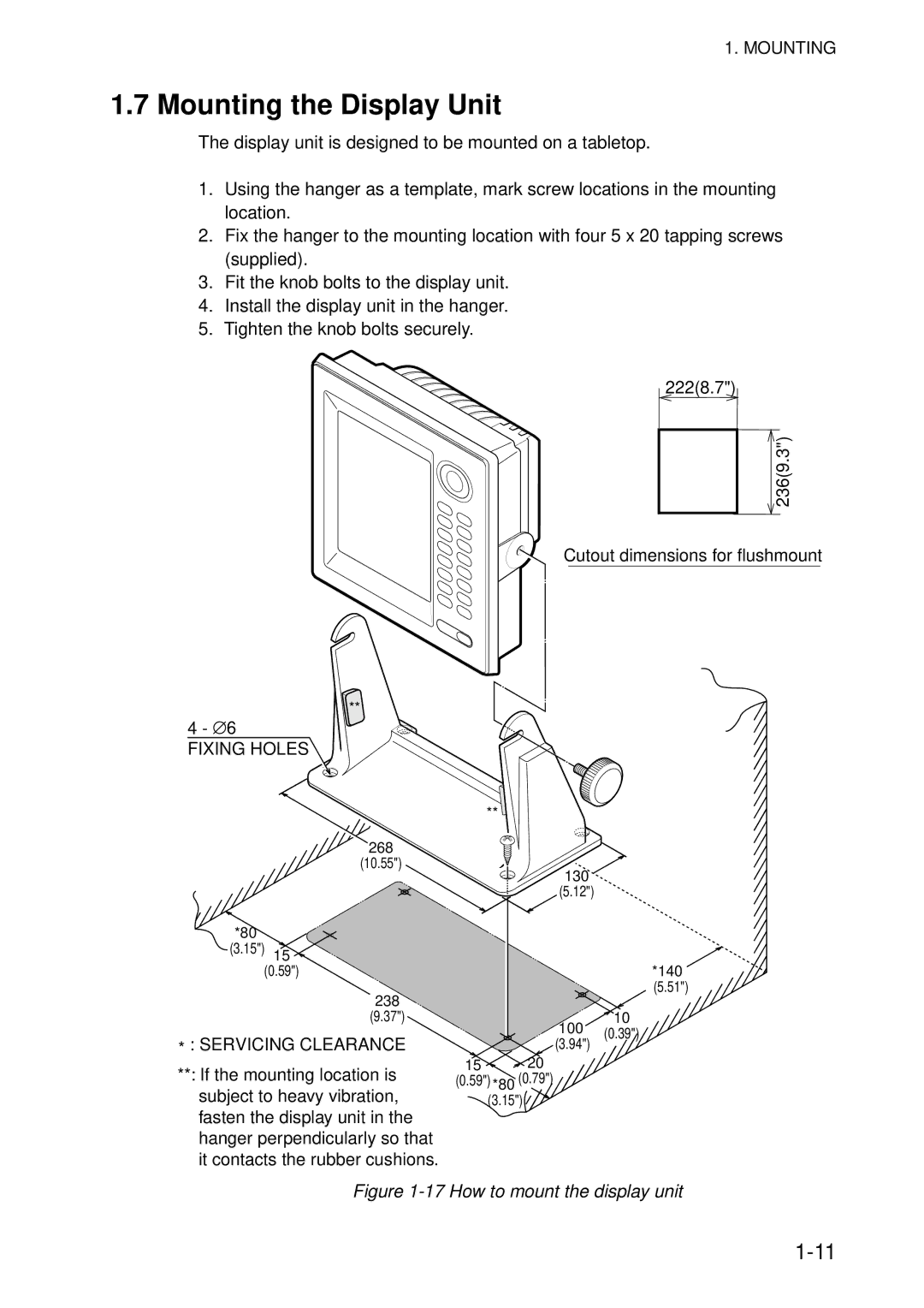 Furuno 851 MARK-2 installation manual Mounting the Display Unit, Servicing Clearance 