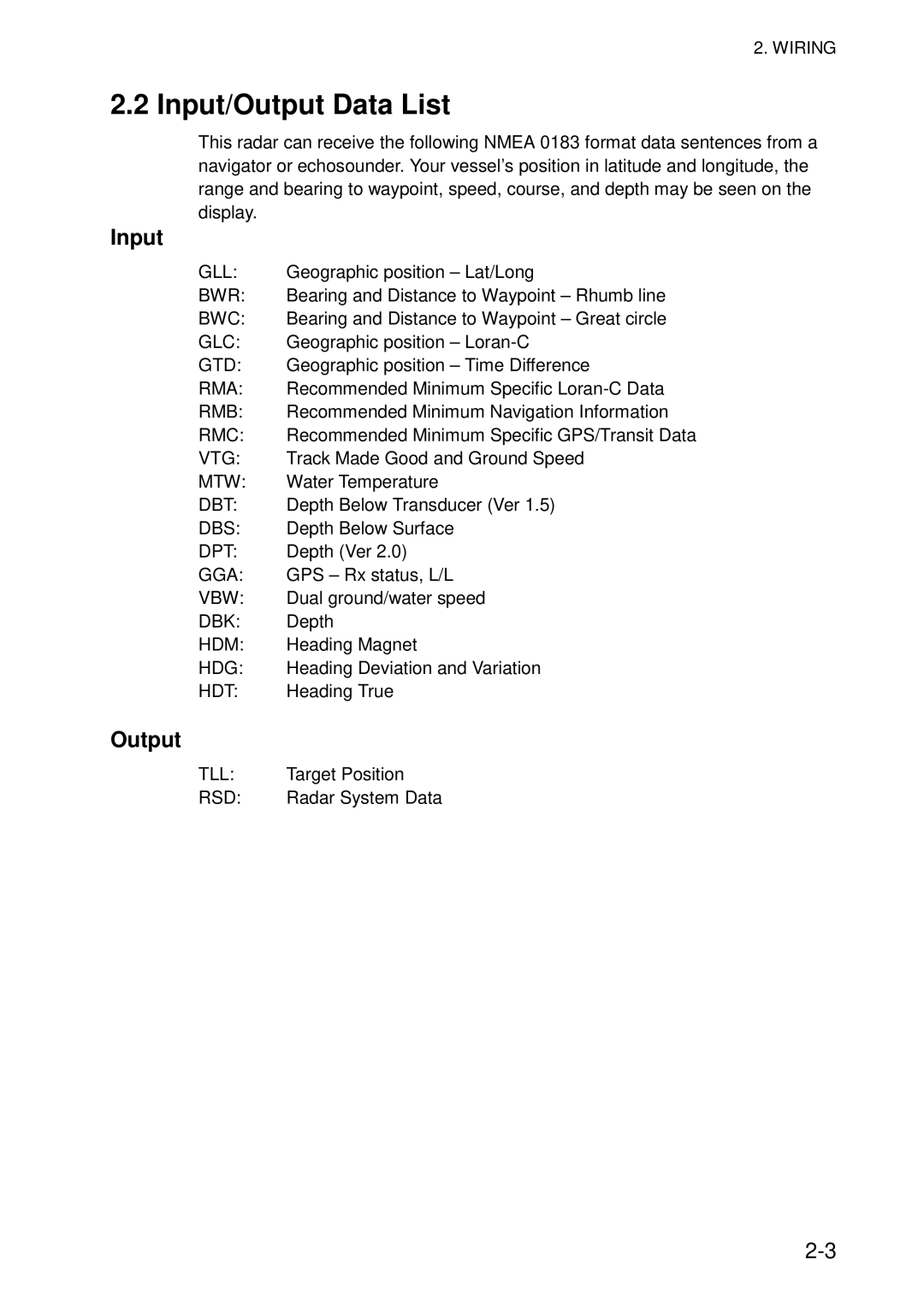 Furuno 851 MARK-2 installation manual Input/Output Data List 