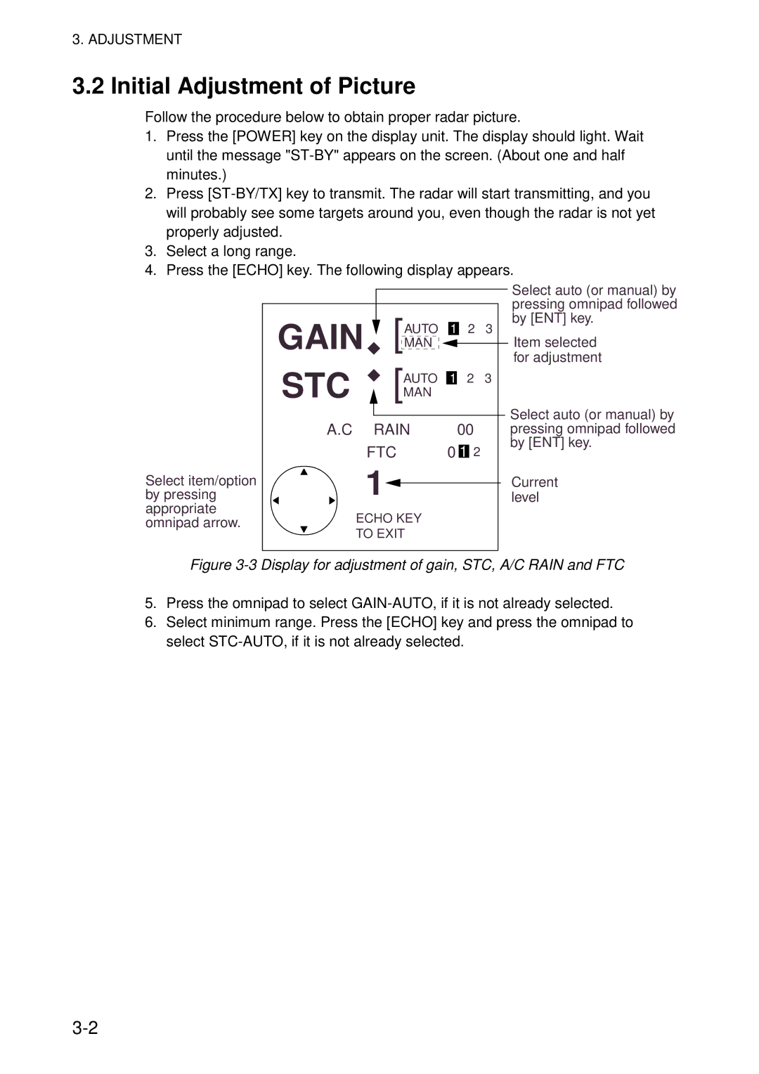 Furuno 851 MARK-2 installation manual STC Automan, Initial Adjustment of Picture 