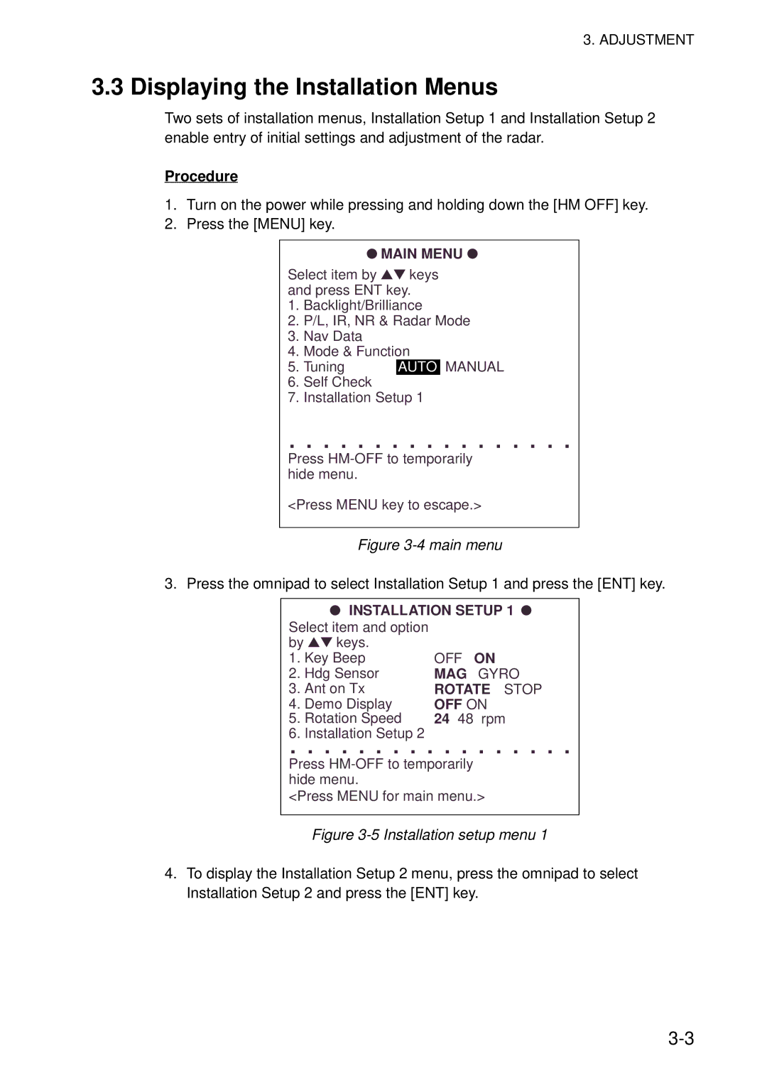 Furuno 851 MARK-2 installation manual Displaying the Installation Menus, Main Menu 