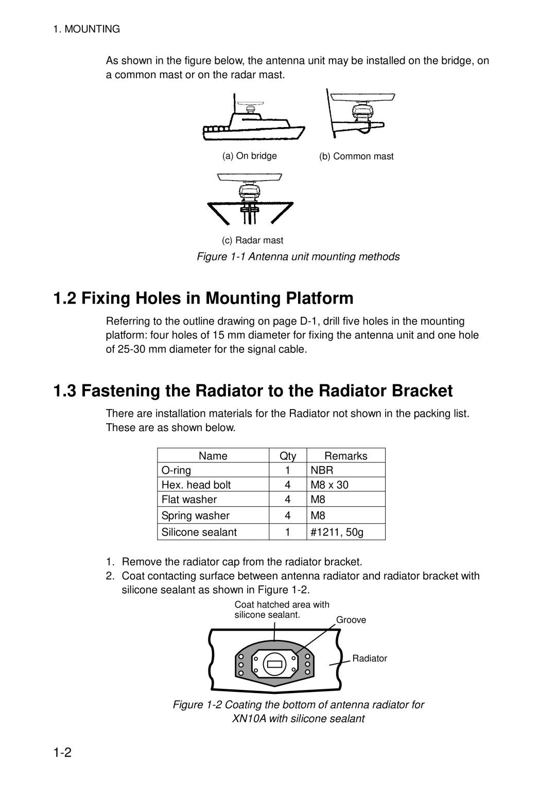 Furuno 851 MARK-2 installation manual Fixing Holes in Mounting Platform, Fastening the Radiator to the Radiator Bracket 