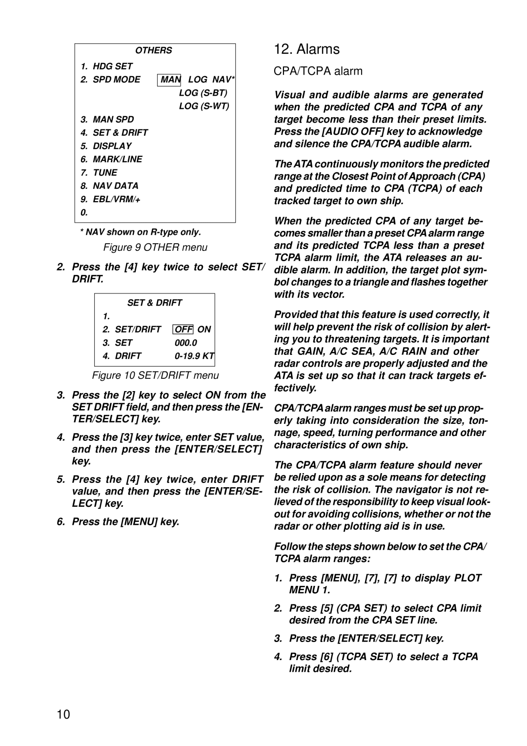 Furuno ARP-17 manual Alarms, CPA/TCPA alarm 