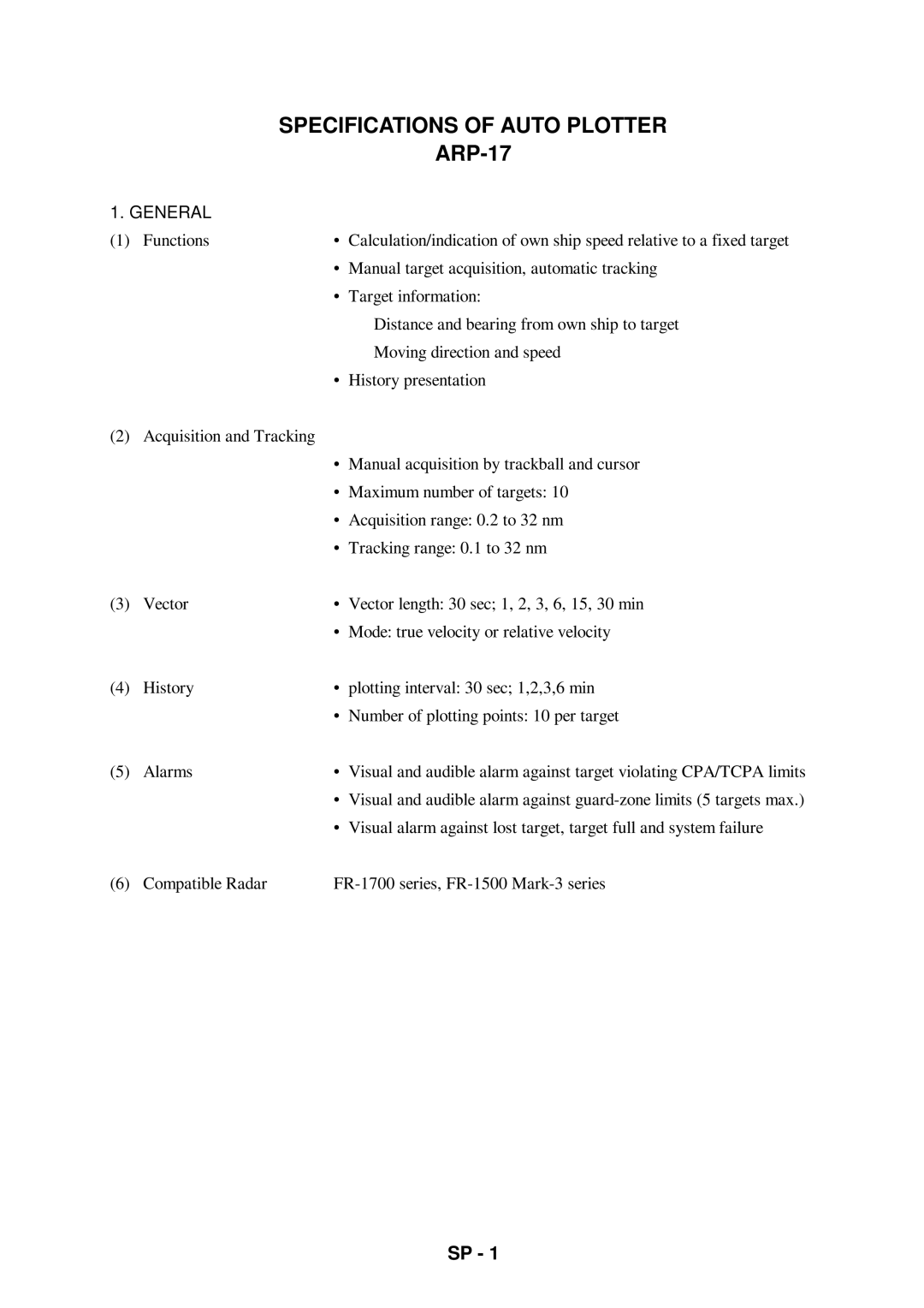 Furuno ARP-17 manual Specifications of Auto Plotter 