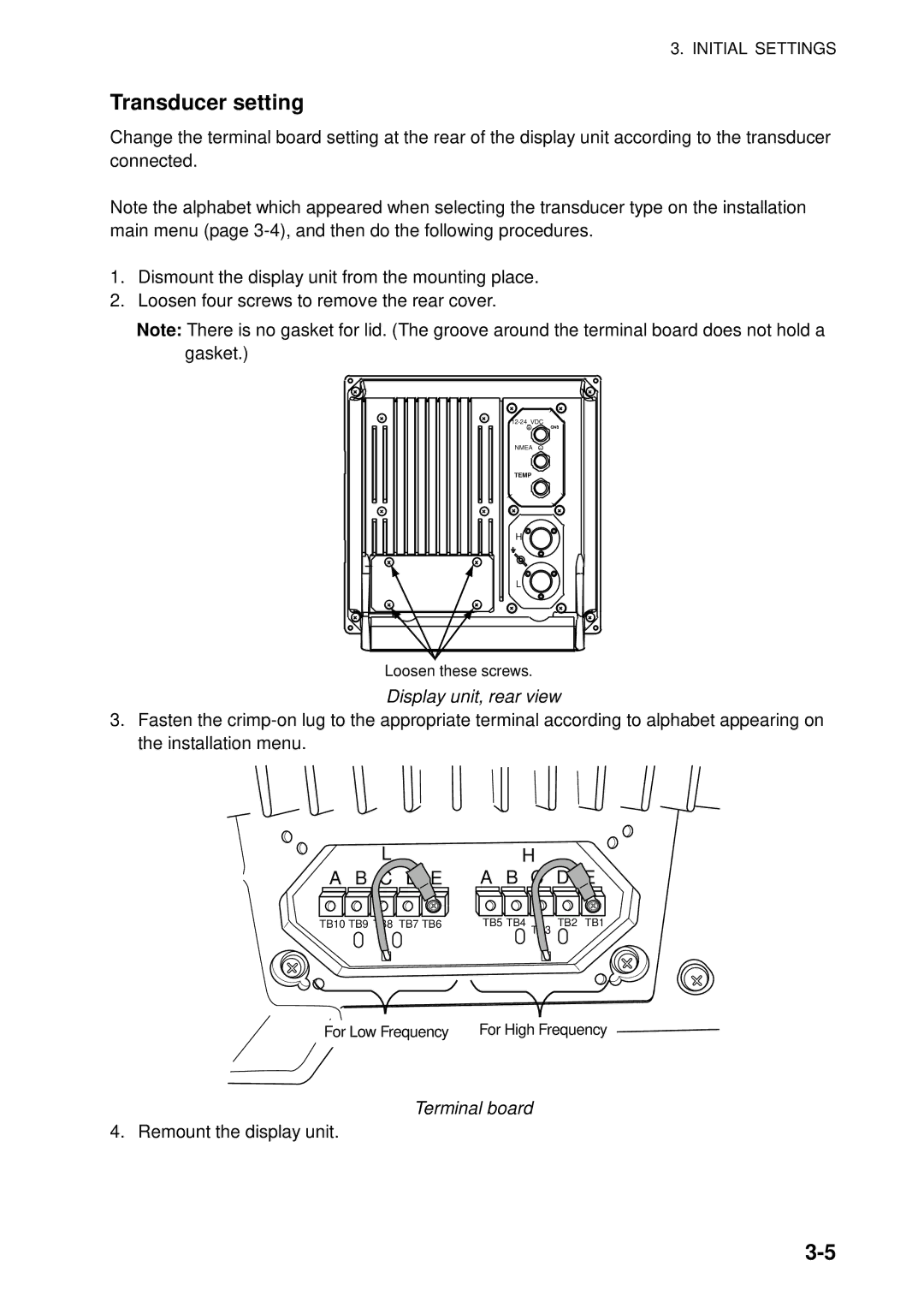 Furuno B042-016, B042-004, B042-008 manual Transducer setting, Display unit, rear view, Terminal board 