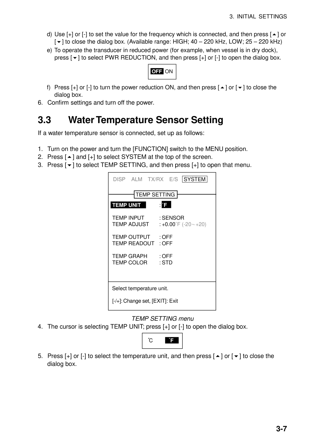 Furuno B042-004, B042-016, B042-008 manual Water Temperature Sensor Setting, Temp Setting menu 