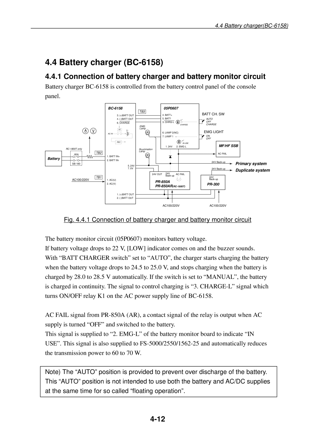 Furuno manual Battery charger BC-6158, Connection of battery charger and battery monitor circuit, Primary system 