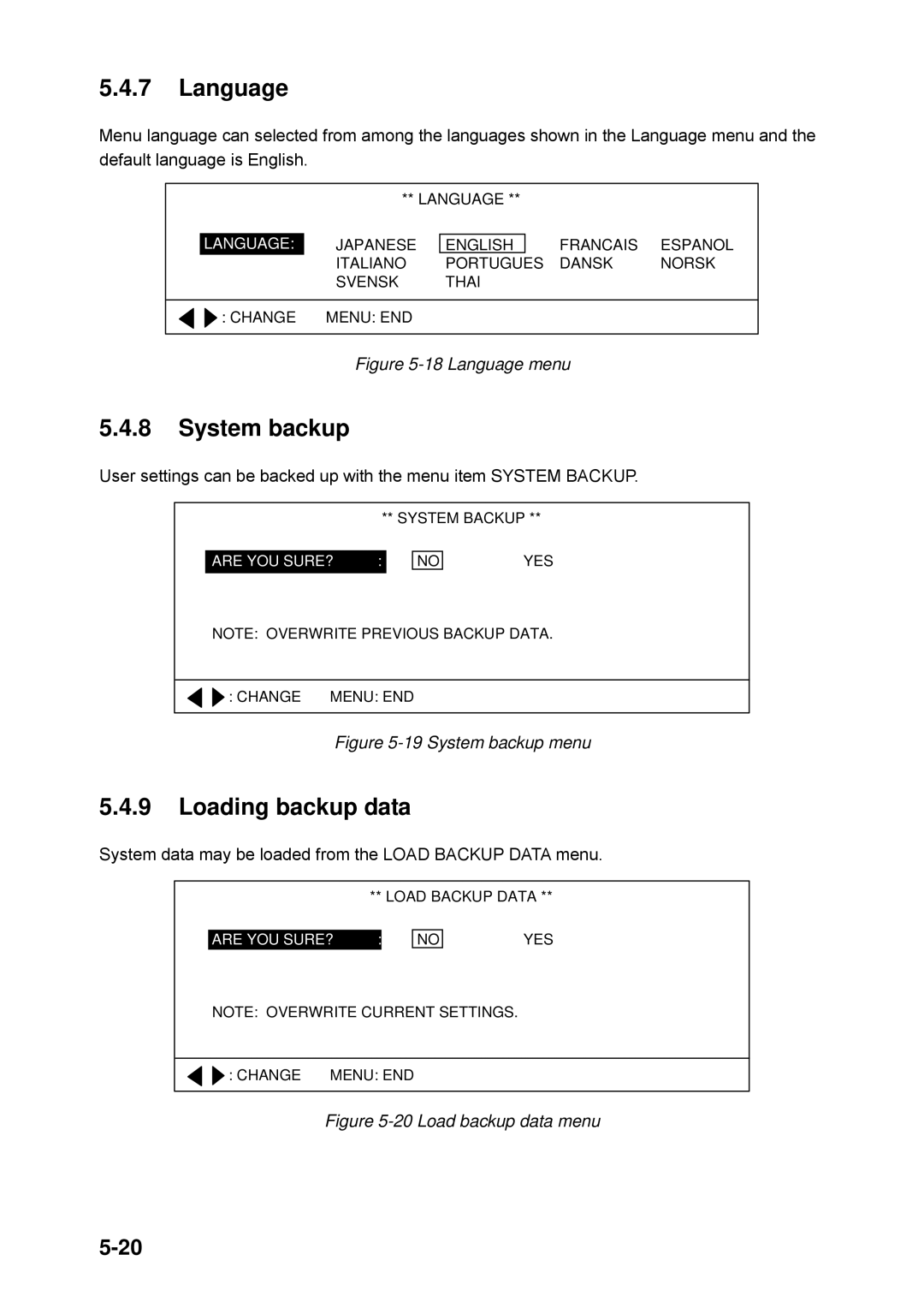 Furuno CH-250 manual Language, System backup, Loading backup data 