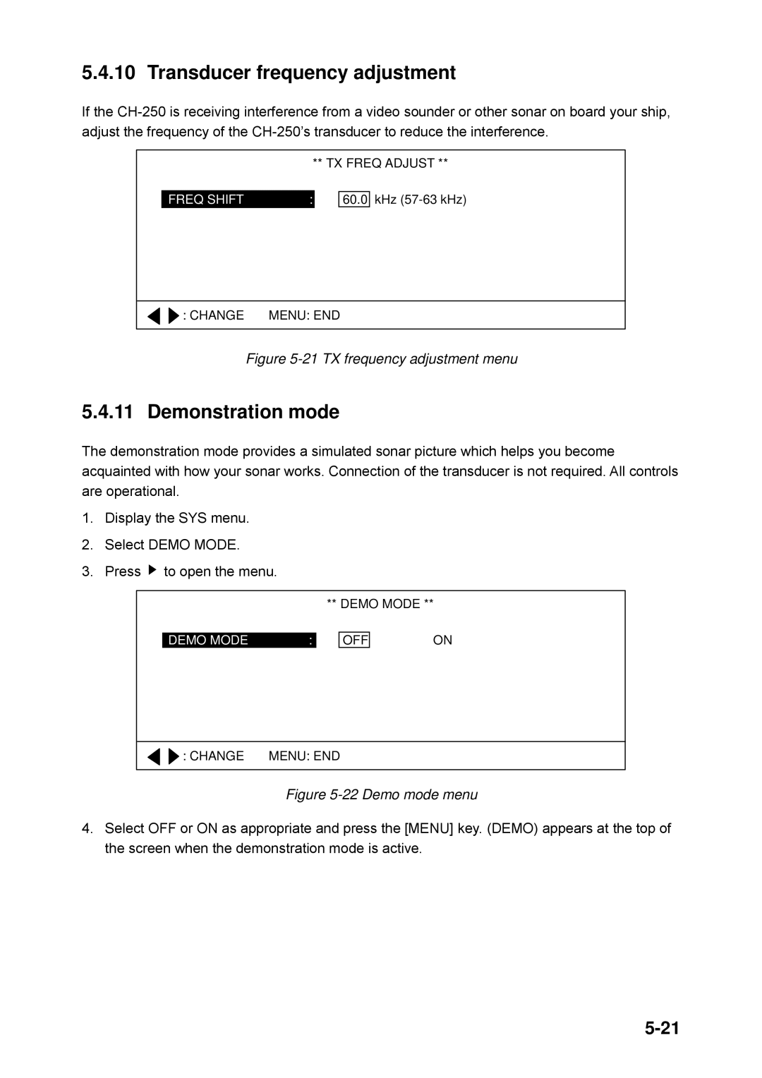 Furuno CH-250 manual Transducer frequency adjustment, Demonstration mode 
