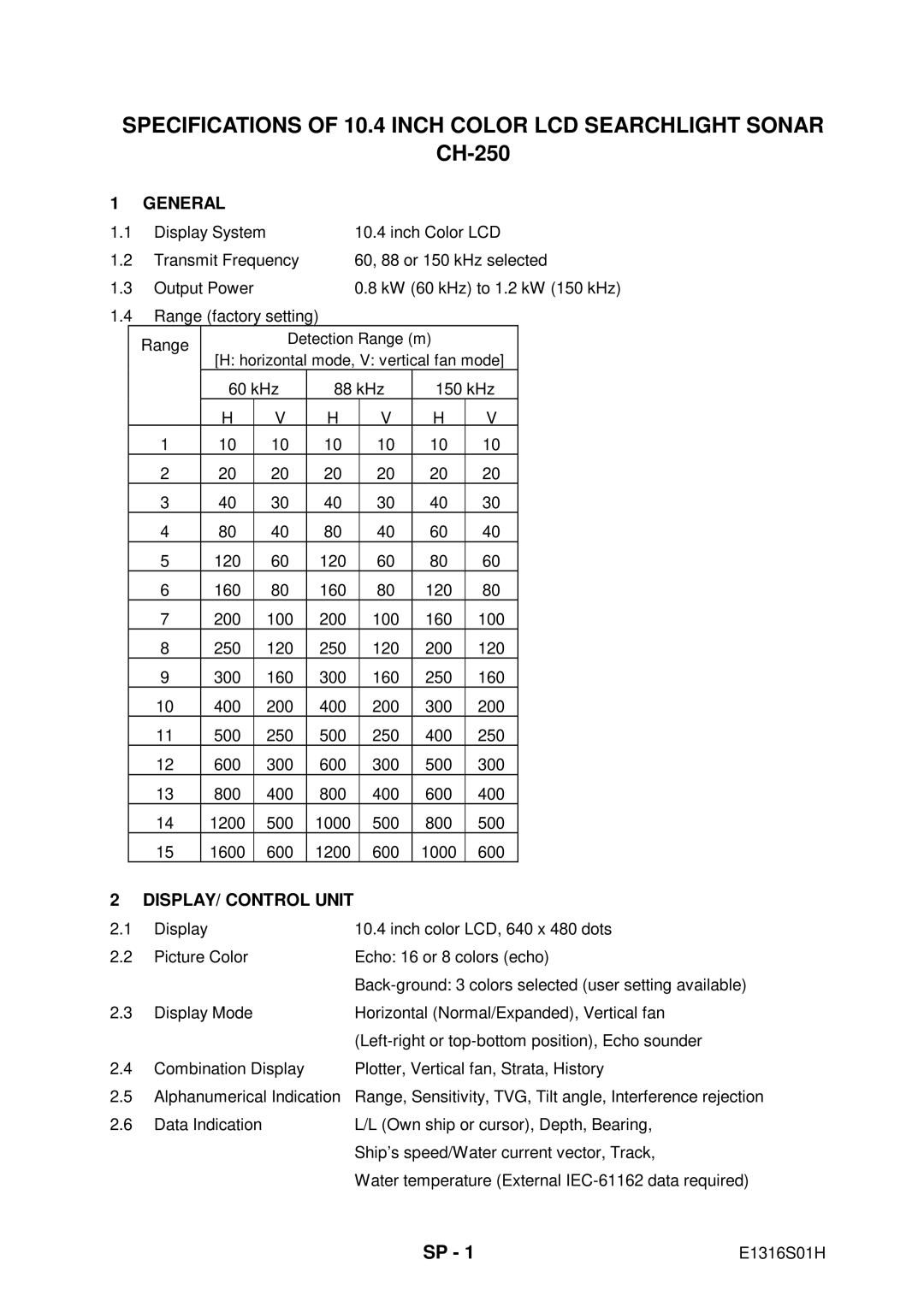 Furuno CH-250 manual Specifications of 10.4 Inch Color LCD Searchlight Sonar 