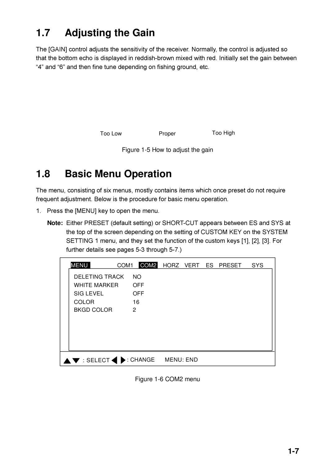 Furuno CH-250 manual Adjusting the Gain, Basic Menu Operation 