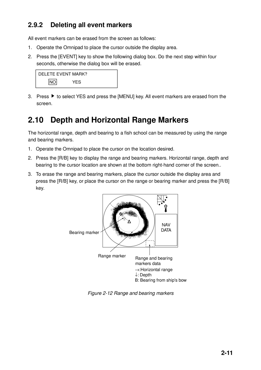 Furuno CH-250 manual Depth and Horizontal Range Markers, Deleting all event markers 