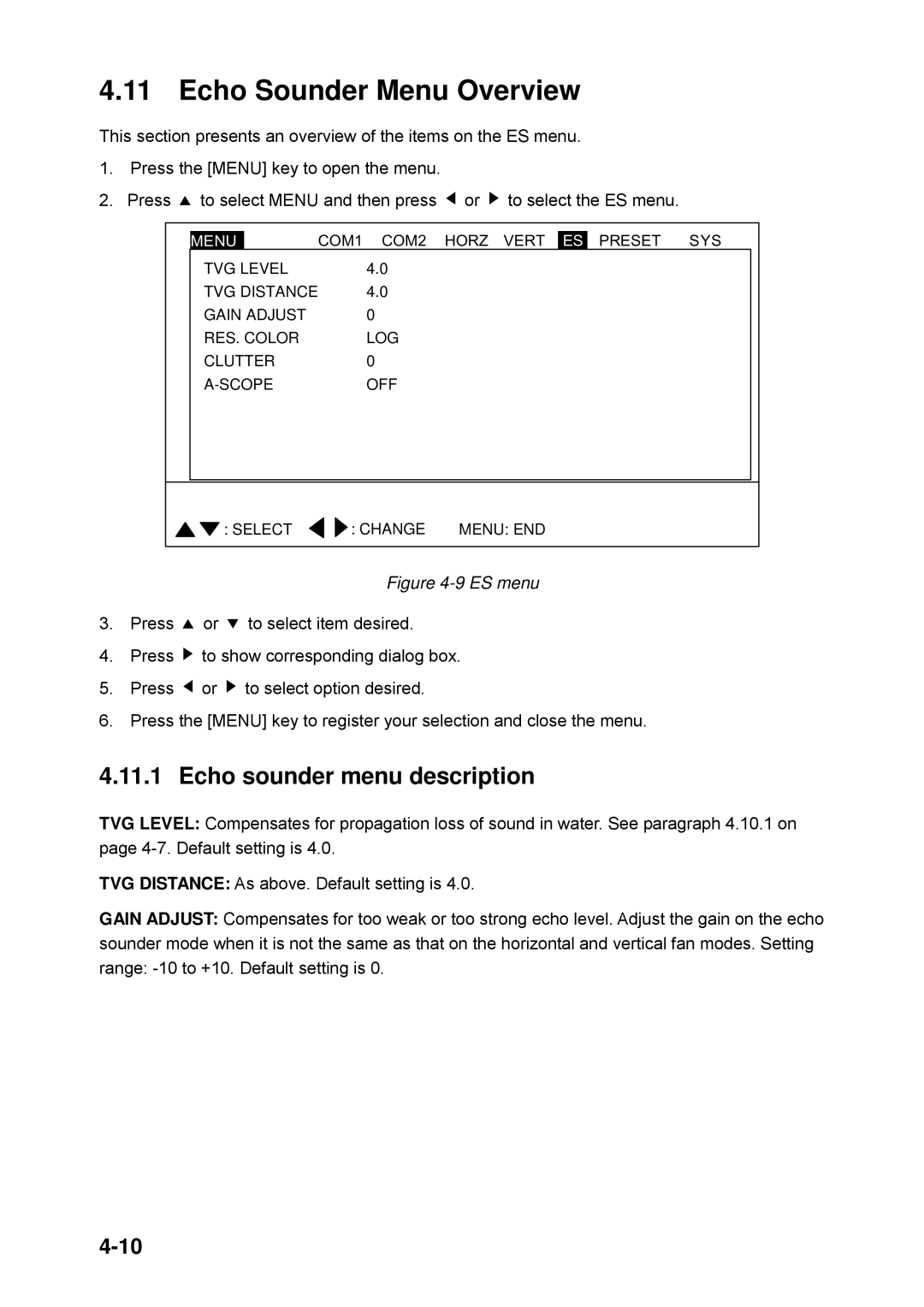 Furuno CH-250 manual Echo Sounder Menu Overview, Echo sounder menu description 