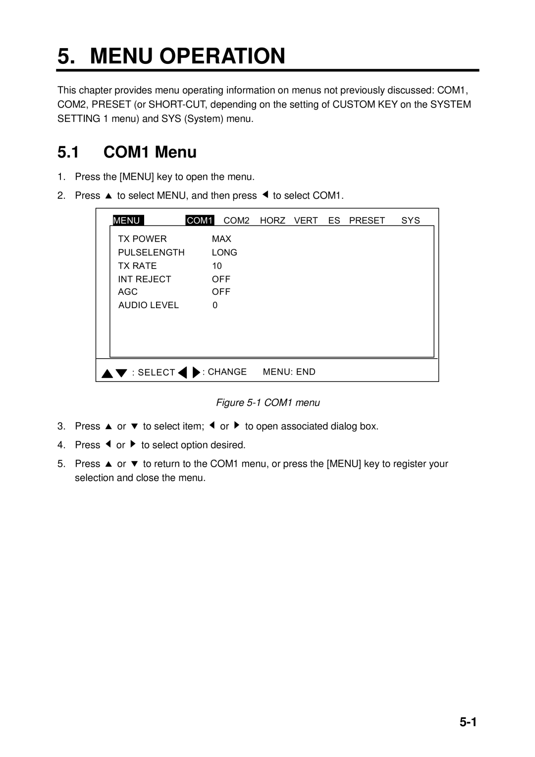 Furuno CH-250 manual Menu Operation, COM1 Menu 