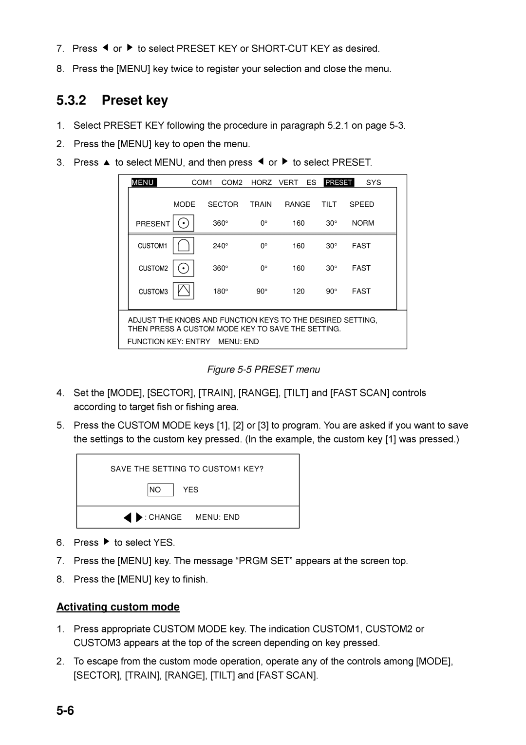 Furuno CH-250 manual Preset key, Activating custom mode 