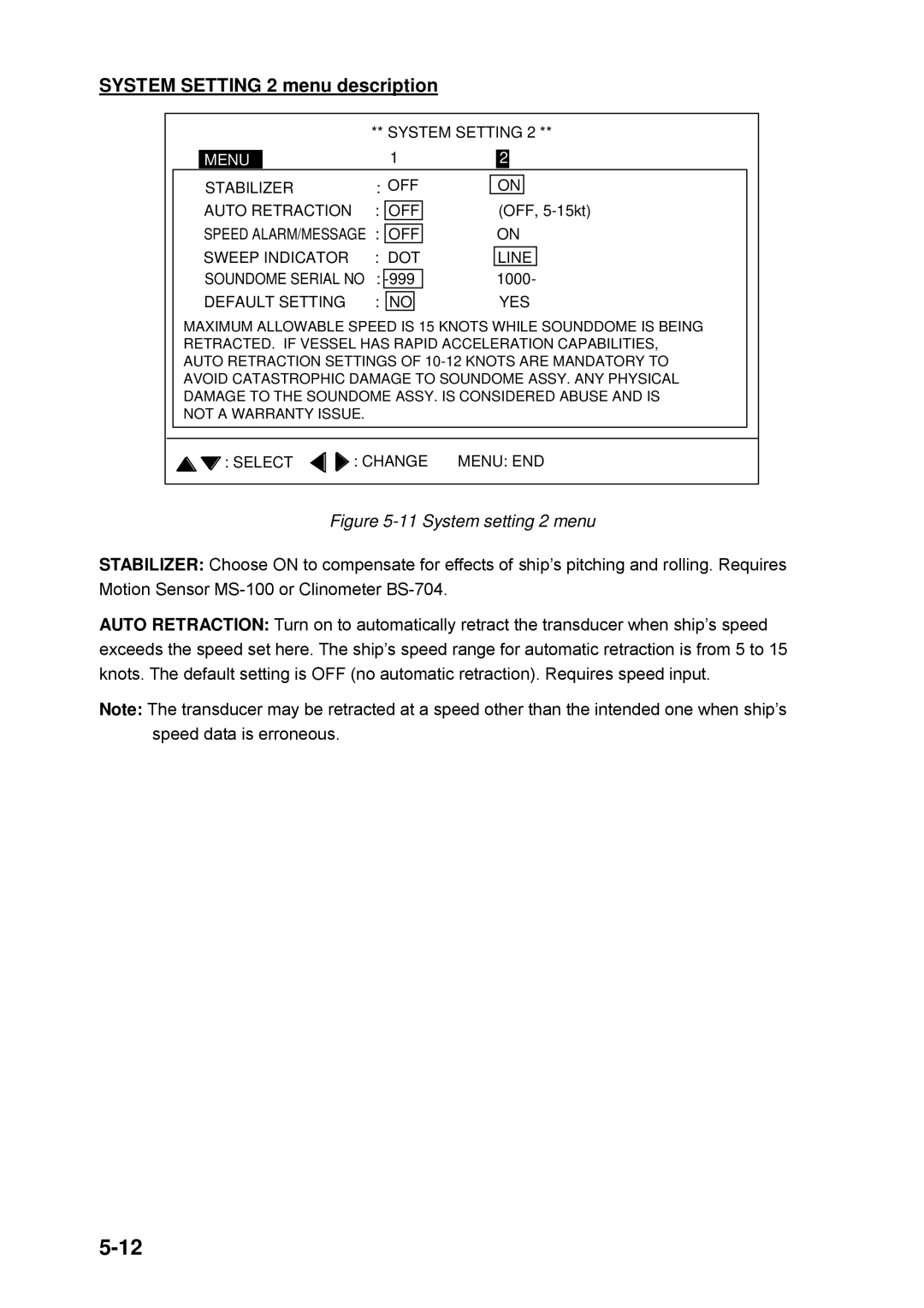 Furuno CH-250 manual System Setting 2 menu description, Default Setting YES 