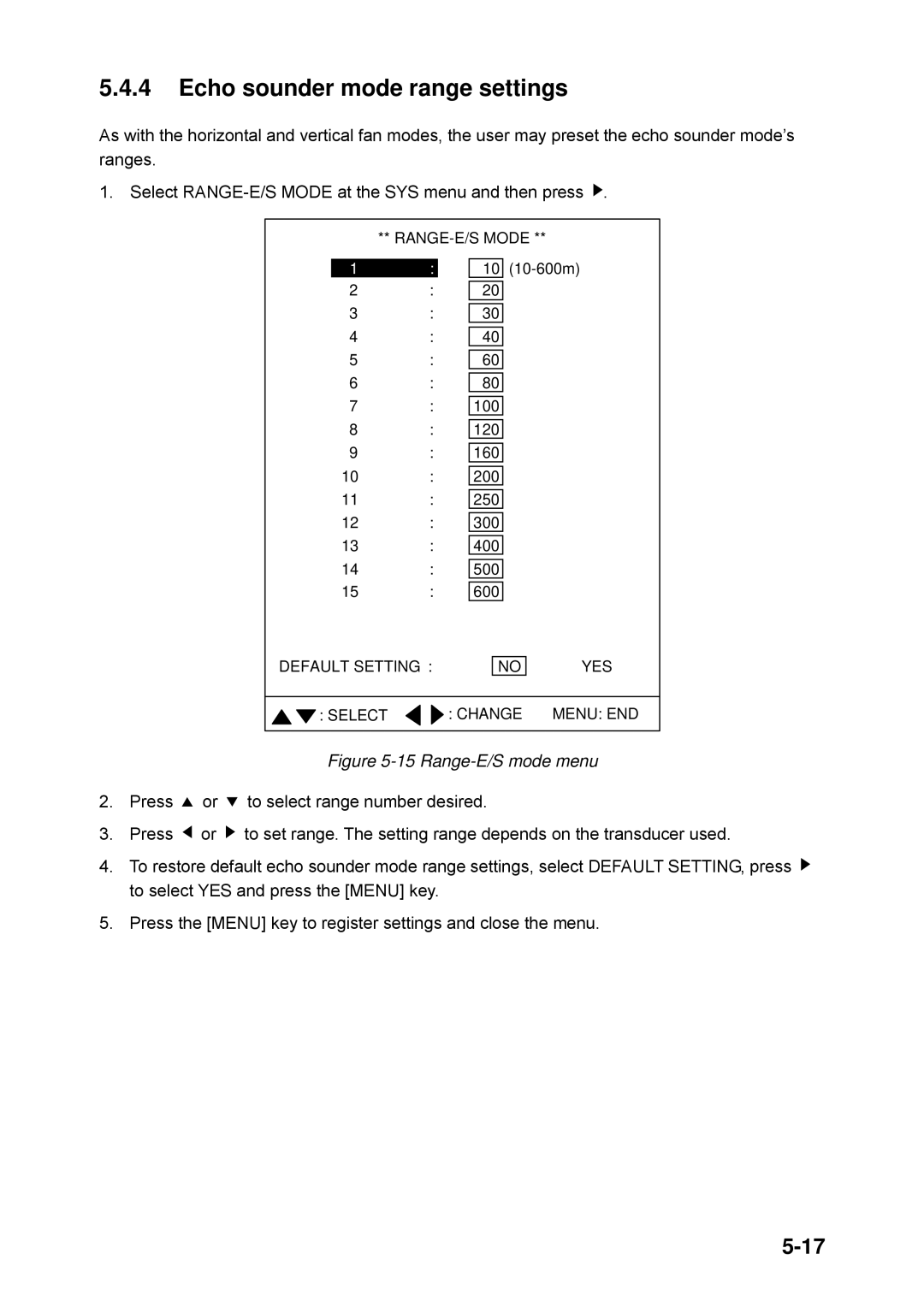 Furuno CH-250 manual Echo sounder mode range settings, Range-E/S mode menu 